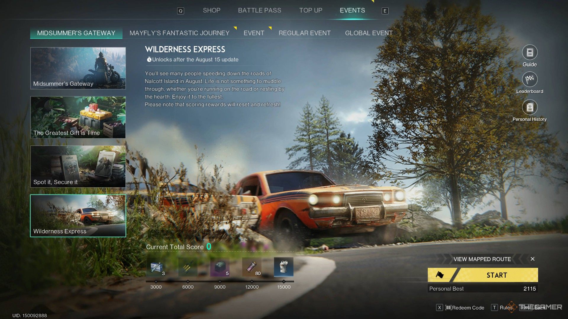 A player looking at the menu for the Wilderness Express event in Once Human.