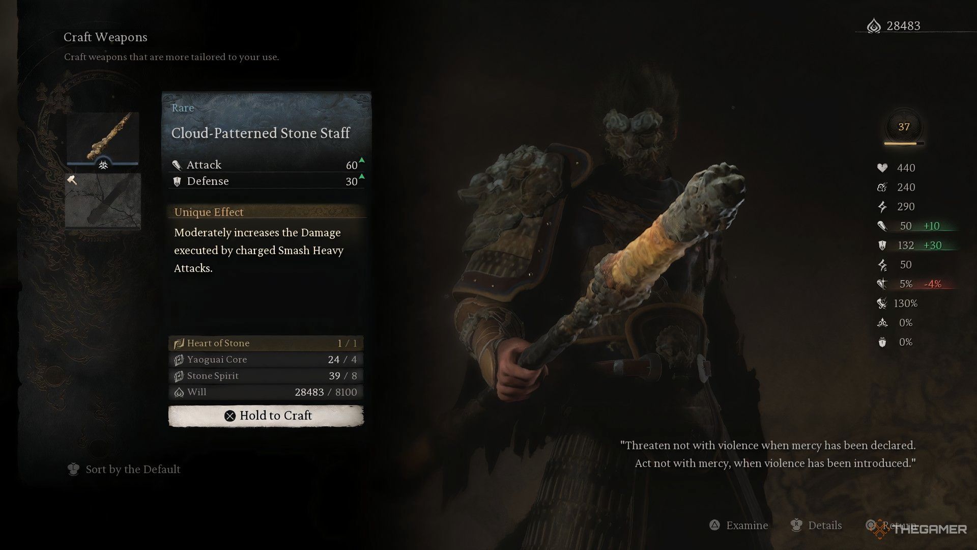 The image shows the crafting requirements and details of the Cloud-Patterned Stone Staff.