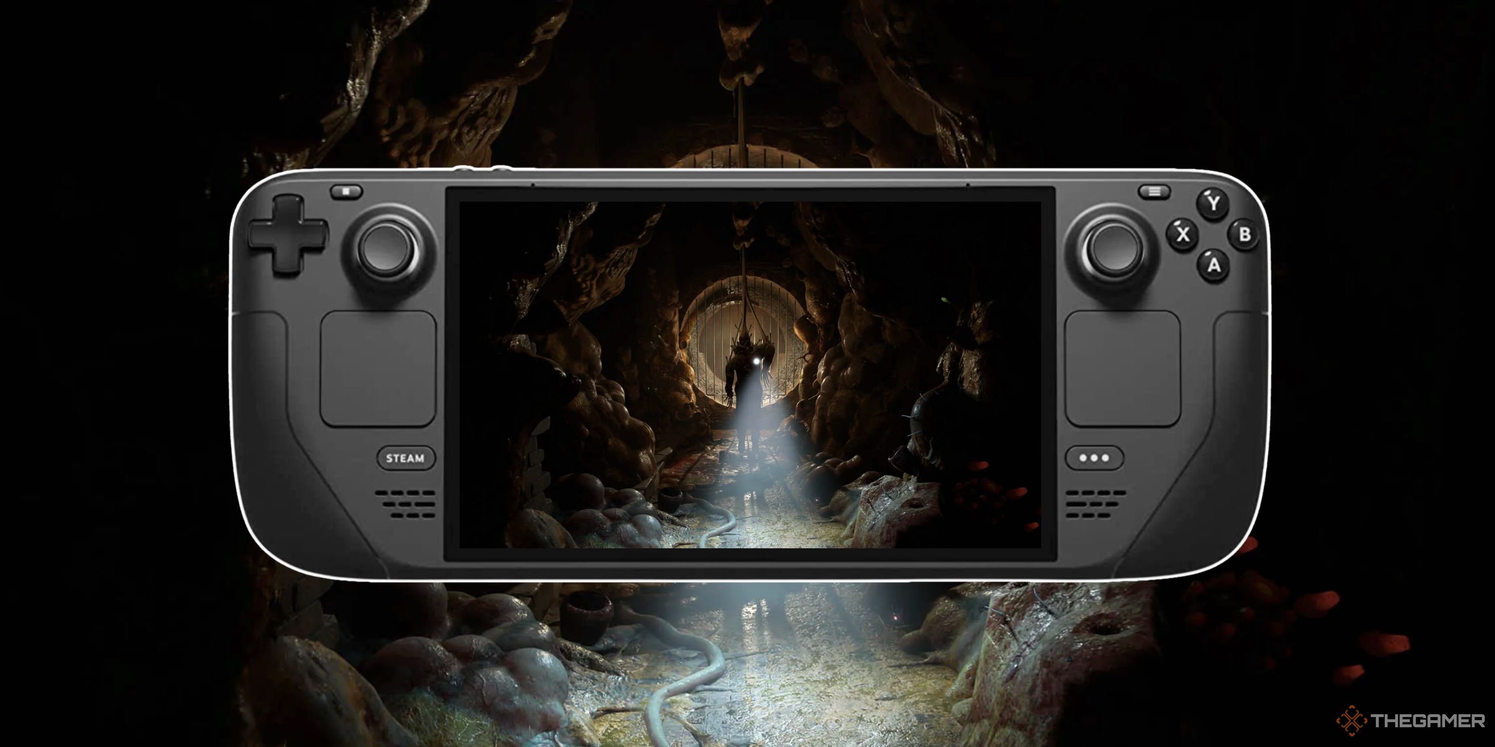 A steam deck playing Half Life Alyx in front of the cover art for Half Life Alyx