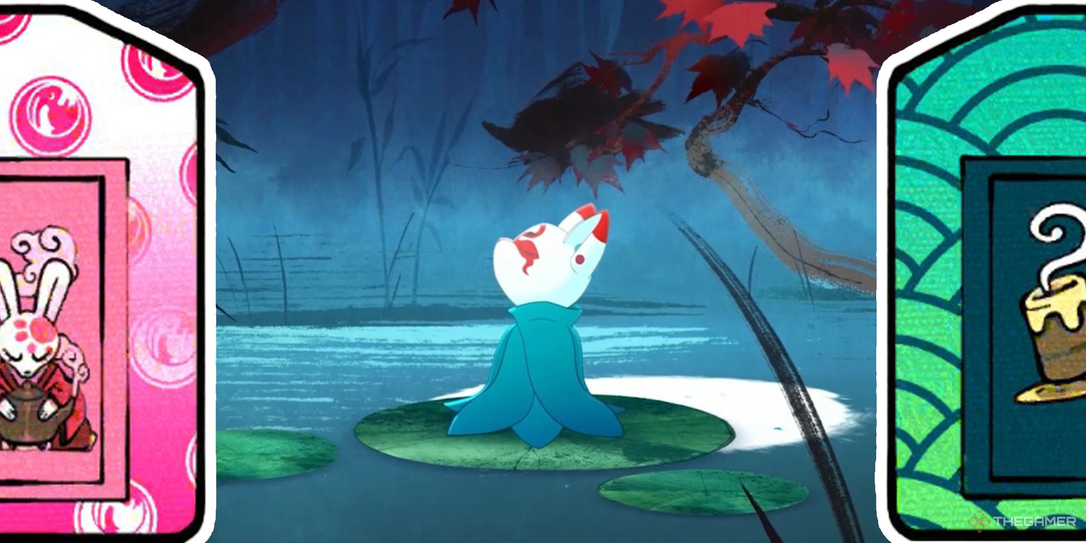 Bo is standing on a lilypad, with two Omamori on the left and right sides in Bo - Path Of The Teal Lotus.