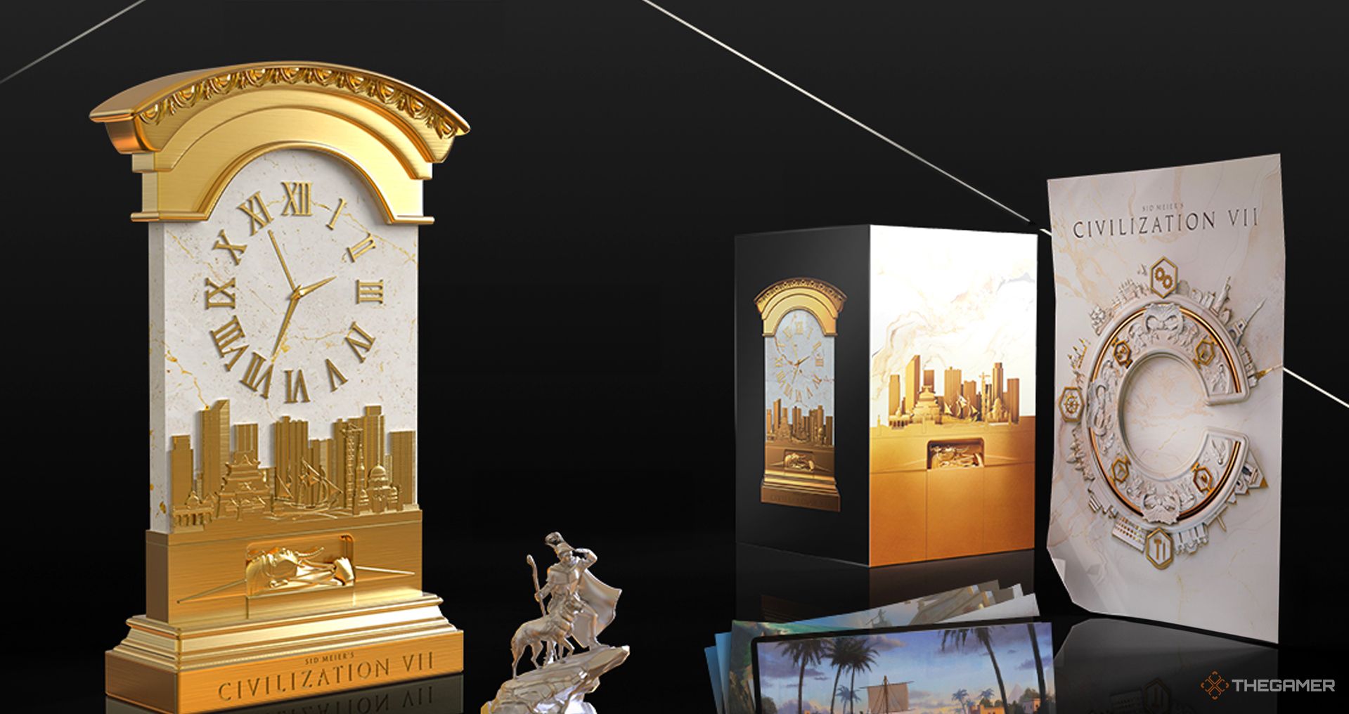 Civ 7 collectoes edition over a black background, ornate clock, poster, postcards