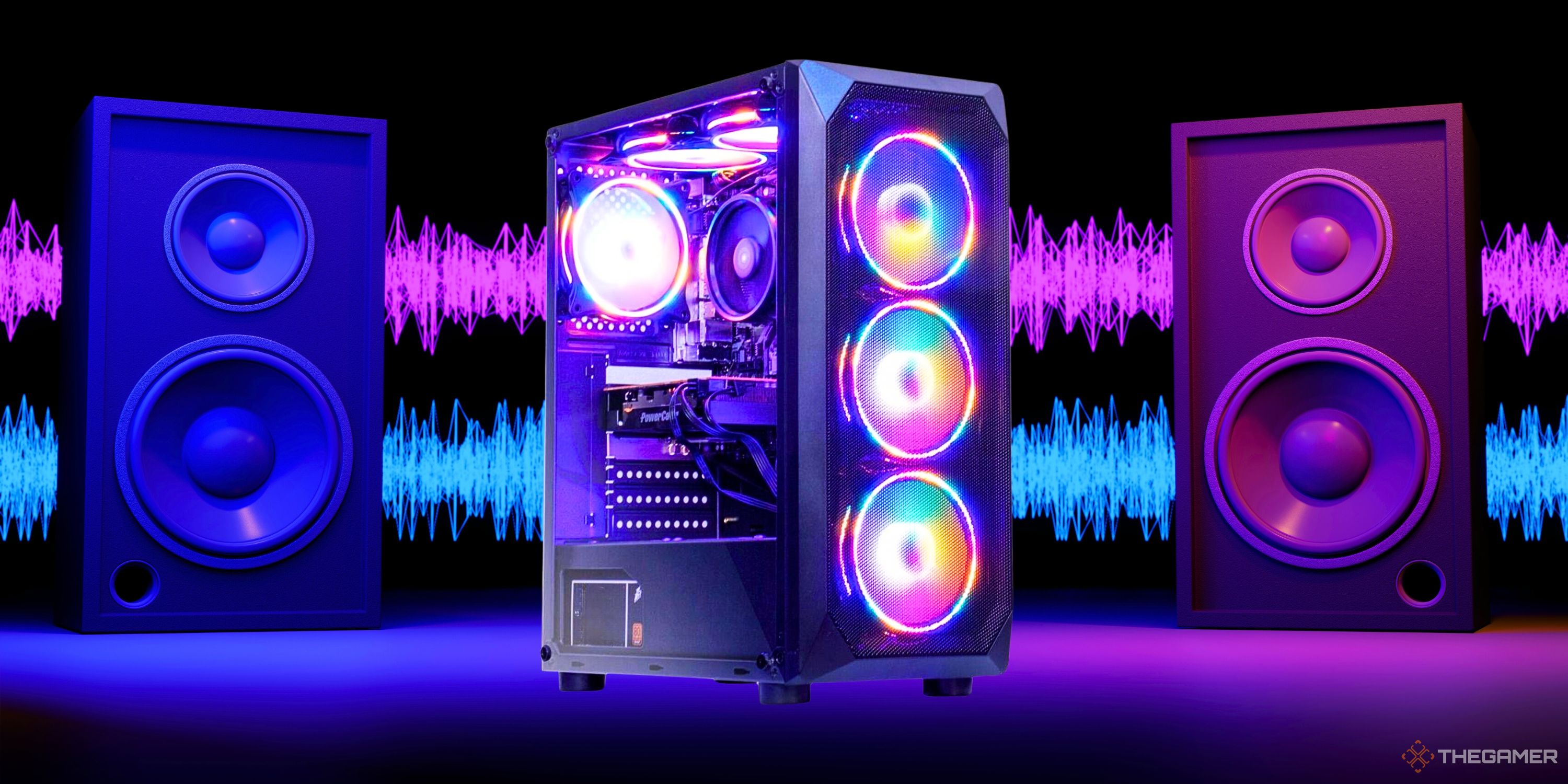 Collage image featuring a gaming PC and speakers