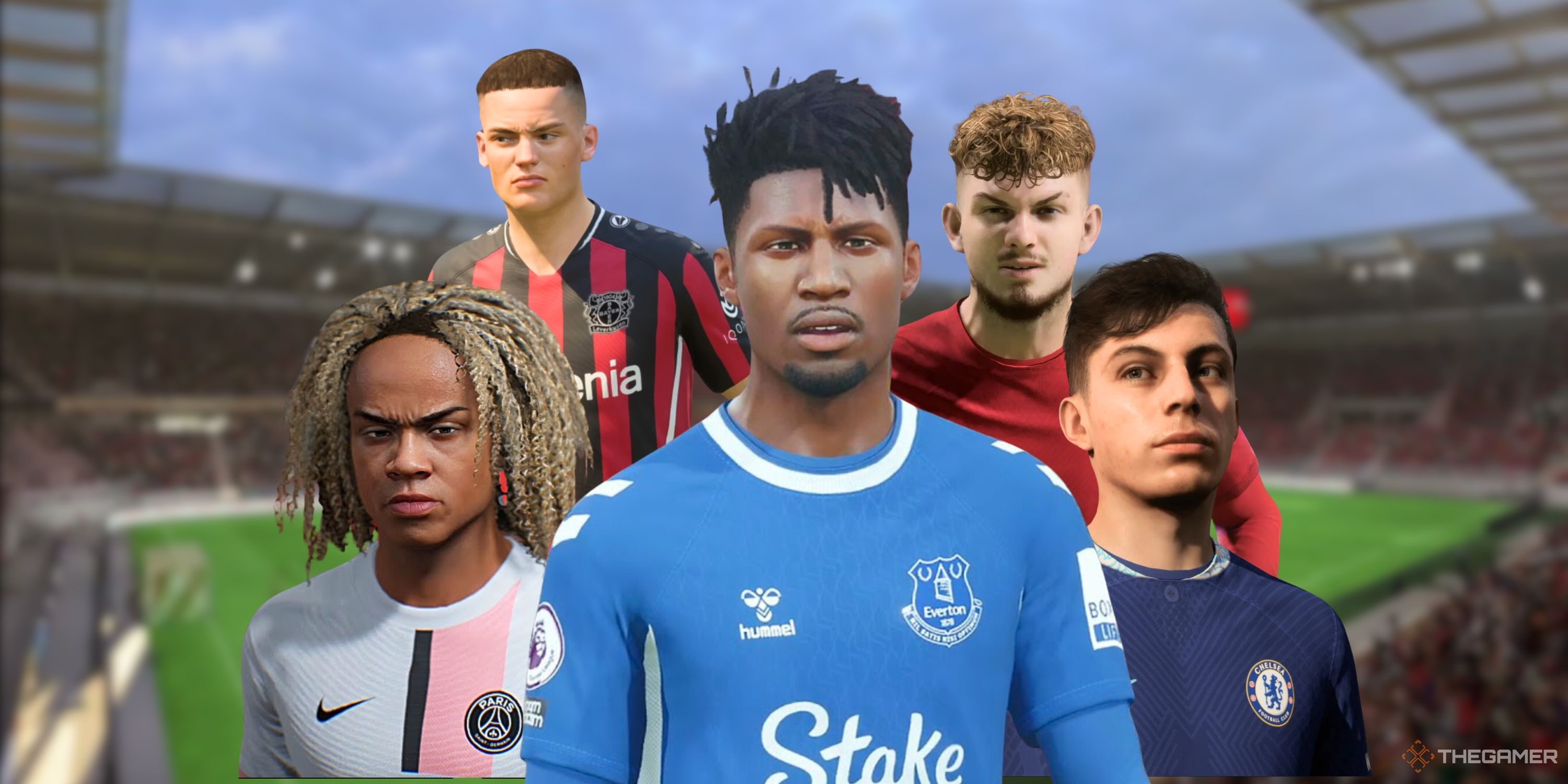 Collage image featuring several soccer players staring at camera