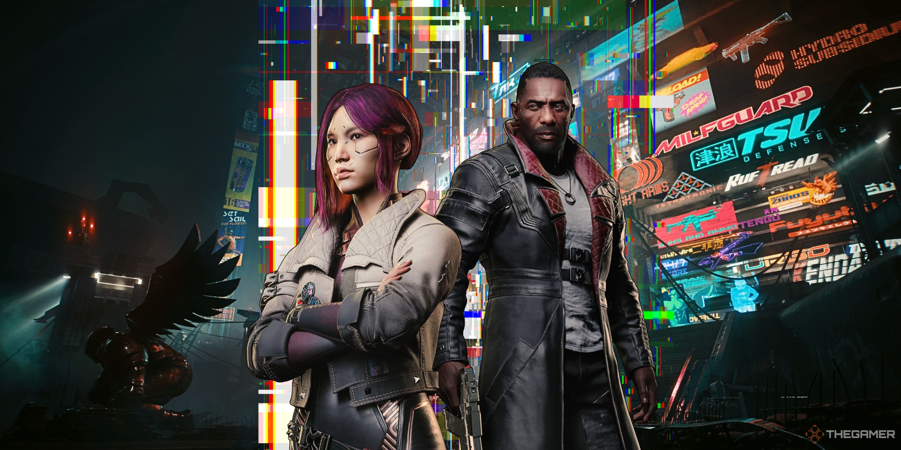 Cyberpunk 2077 Phantom Liberty characters Songbird and Reed in front of Stadium 