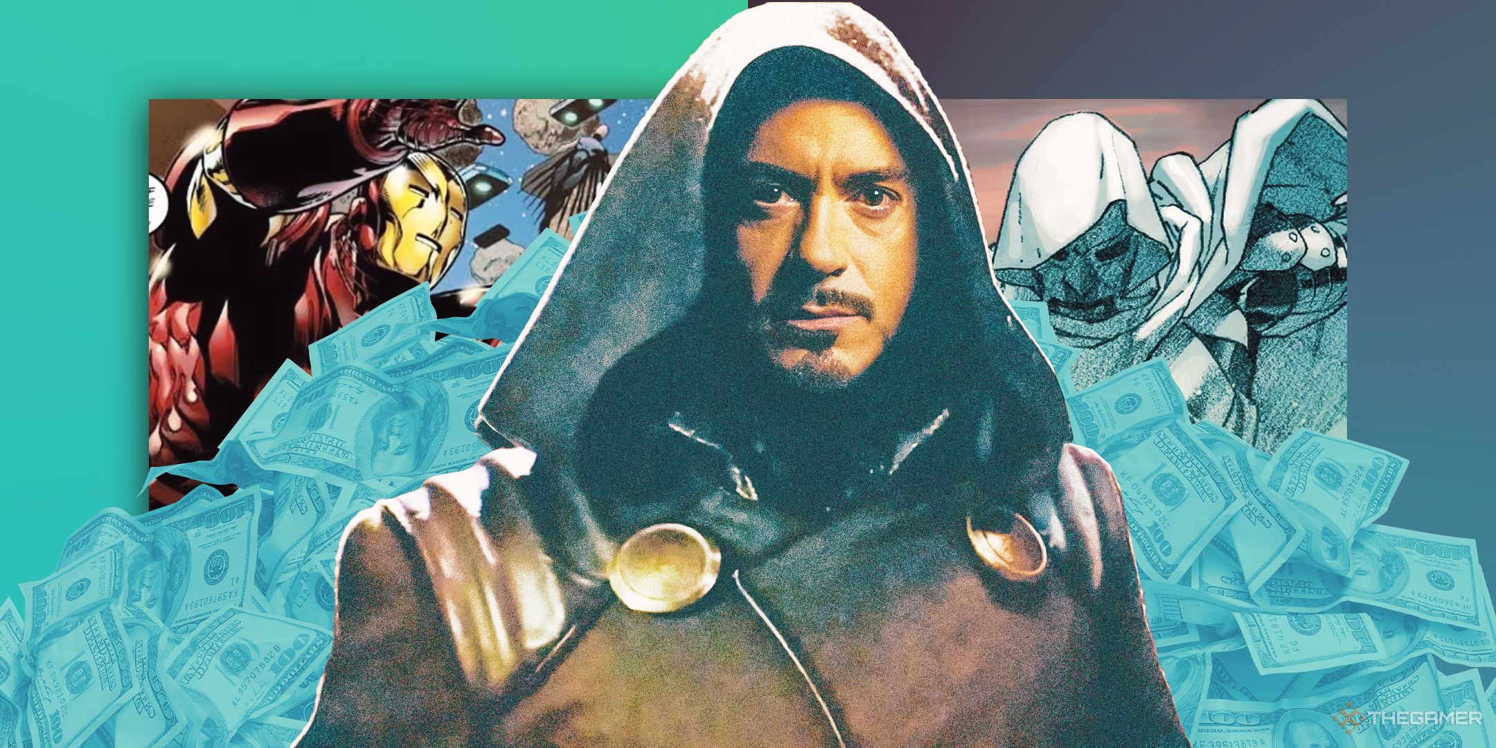 Robert Downey Jr. as Doctor Doom in front of a mountain of dollar bills