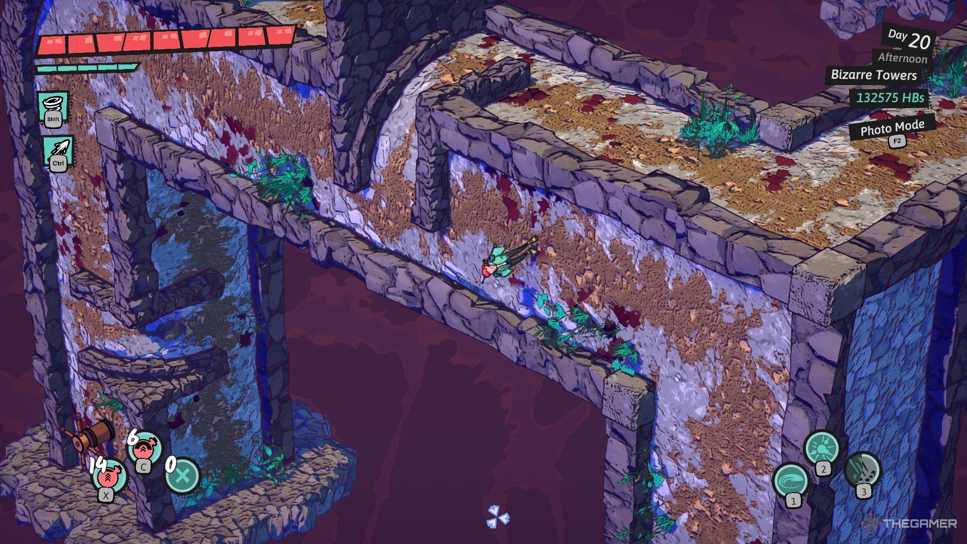 Luisa running along a lopsided wall in a dungeon.