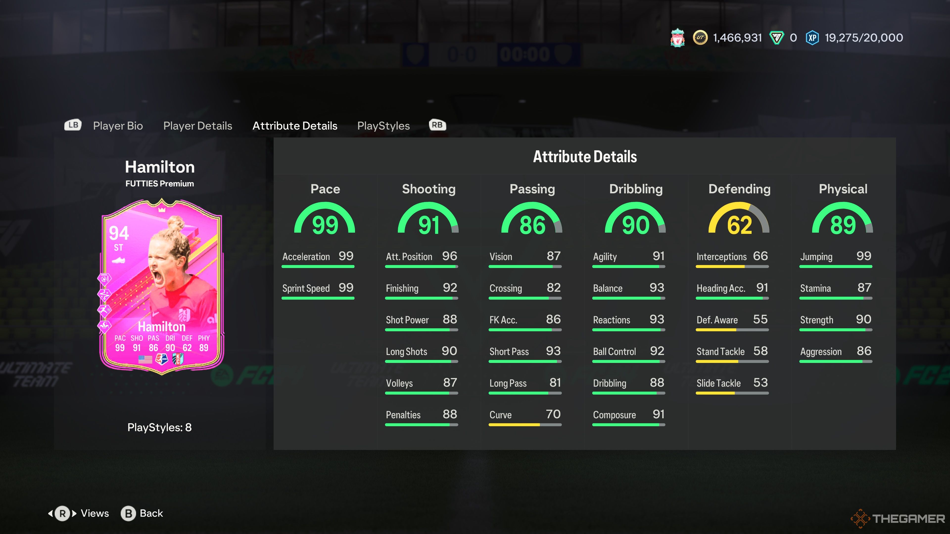 Kristen Hamilton's FUTTIES Card Attributes in the menu of EA Sports FC 24.