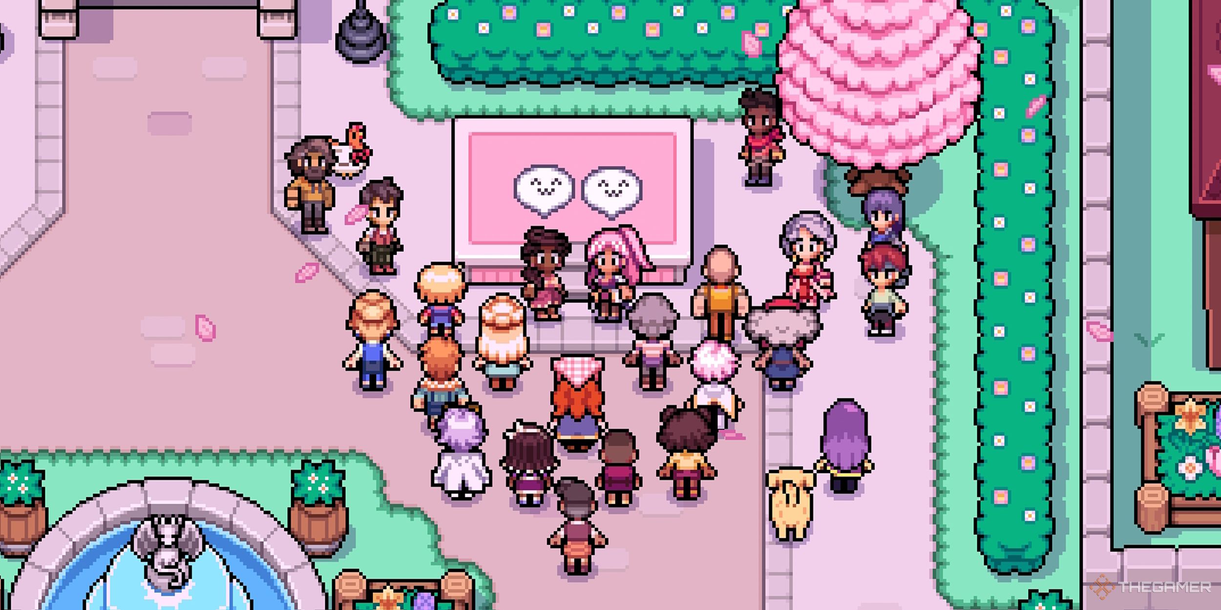 Fields of Mistria Everyone in Mystria gathered around a pink stage for the Spring Festival.