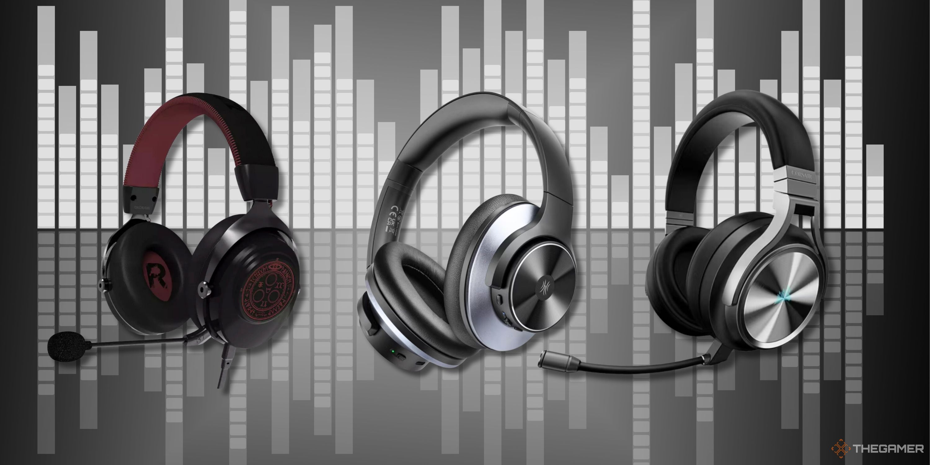 Image of three gaming headphones with an audio slider themed background