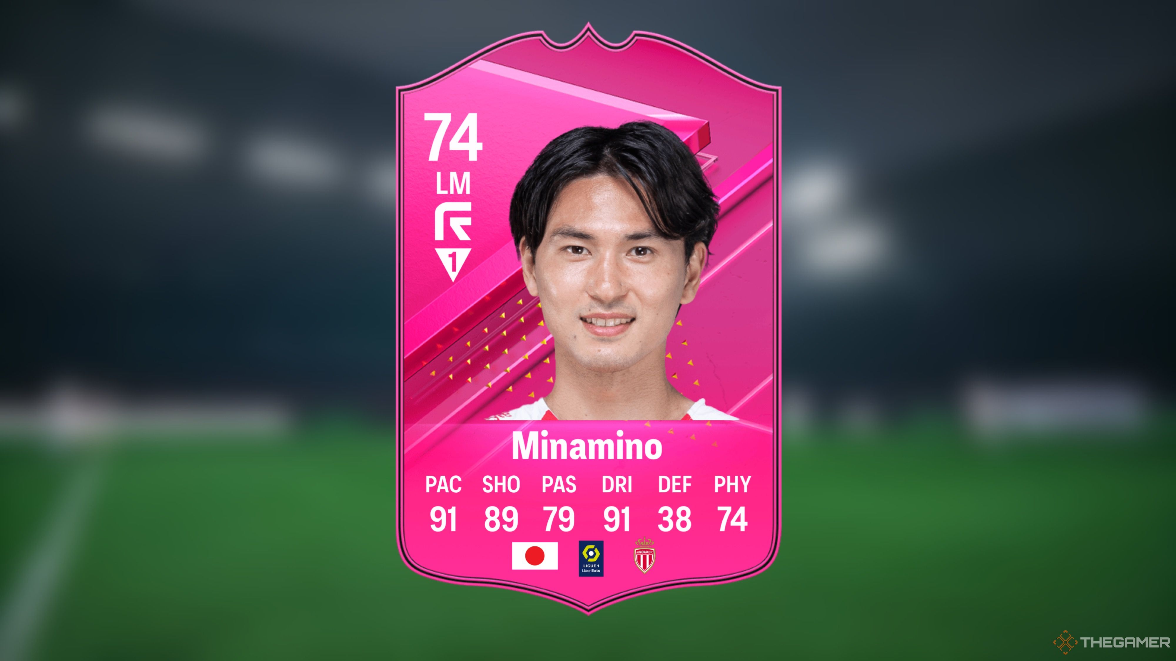 Image showing Minamino card against a faded pitch background.