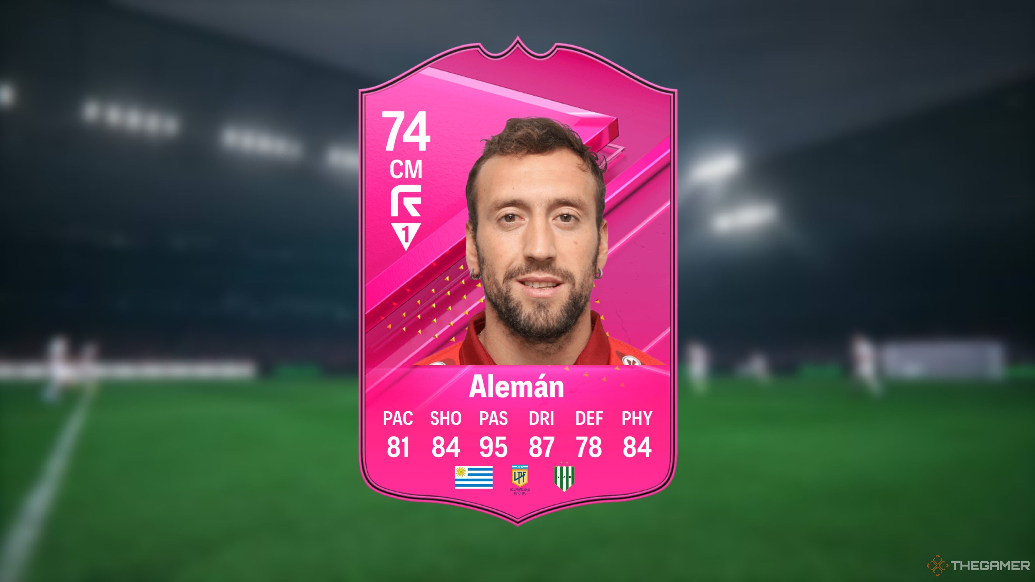 Image showing Alemán card against a faded pitch background.