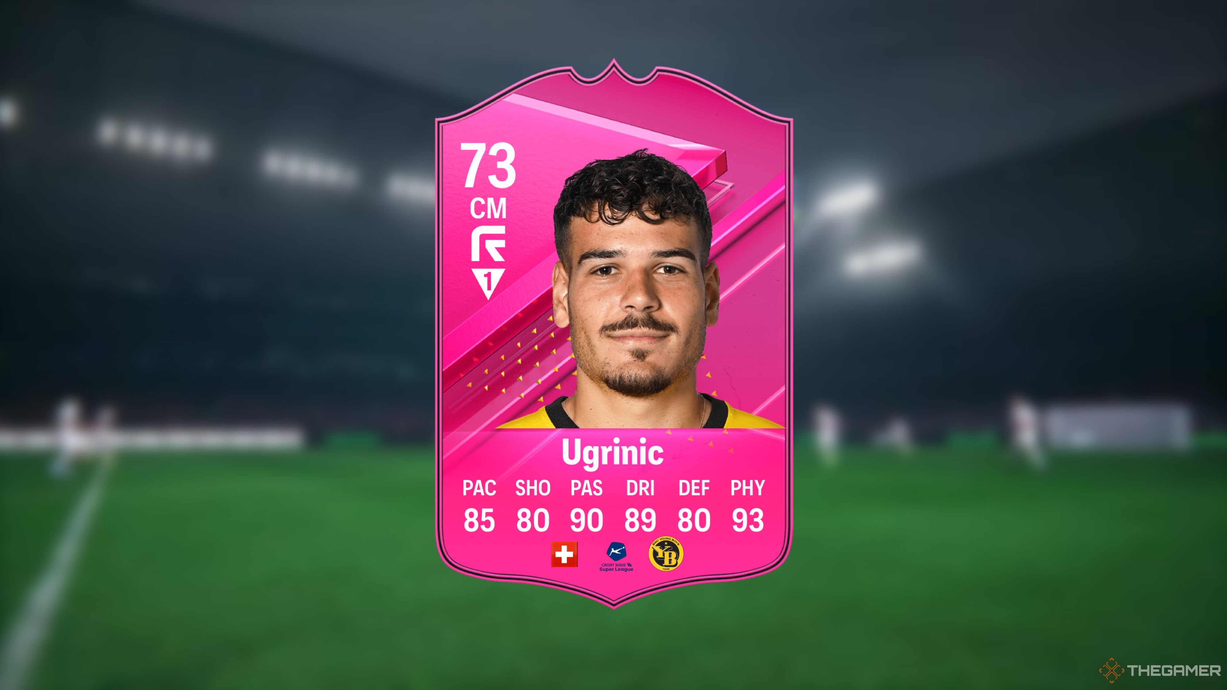 Image showing Ugrinic card against a faded pitch background.