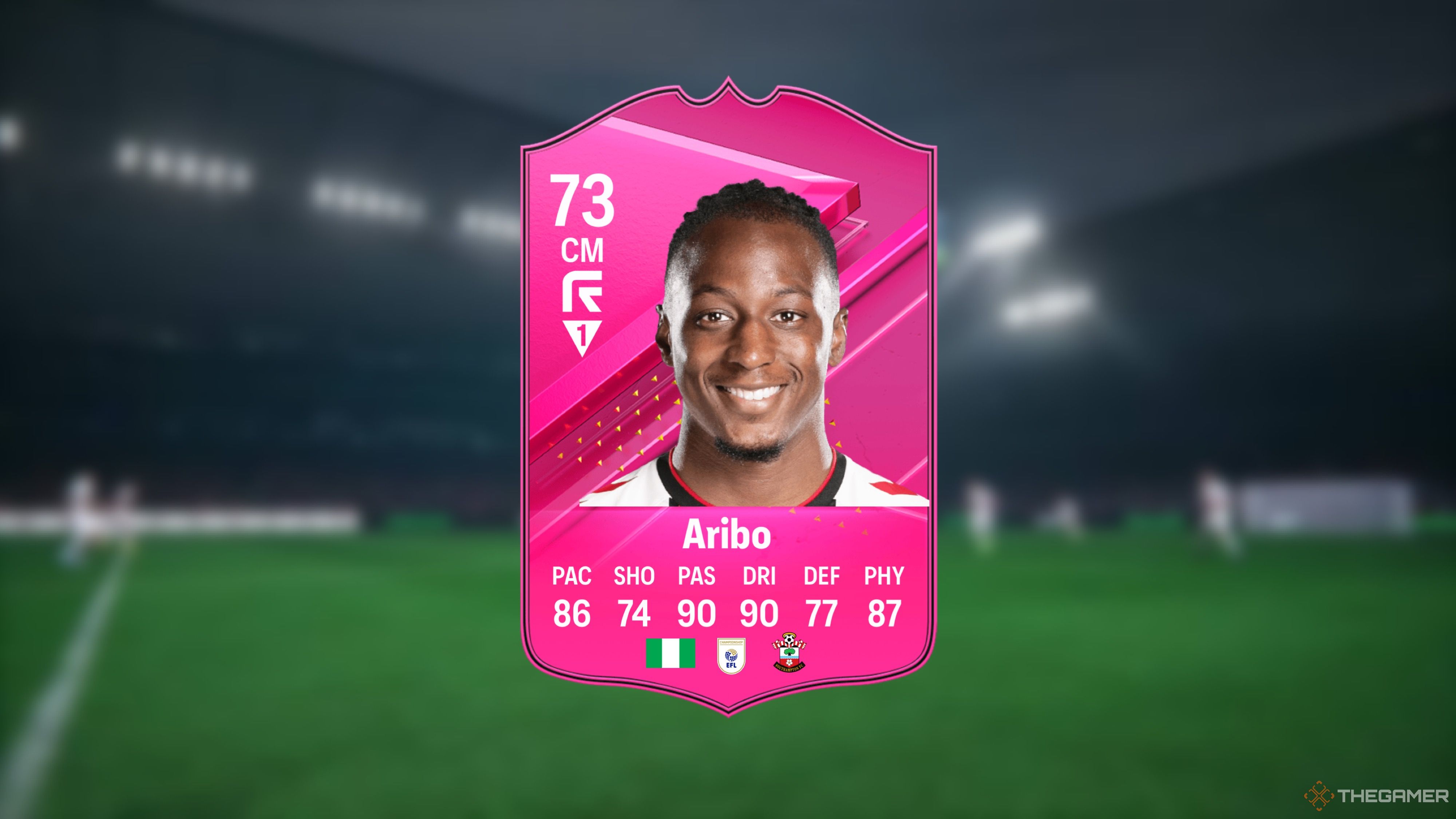 Image showing Aribo card against a faded pitch background.