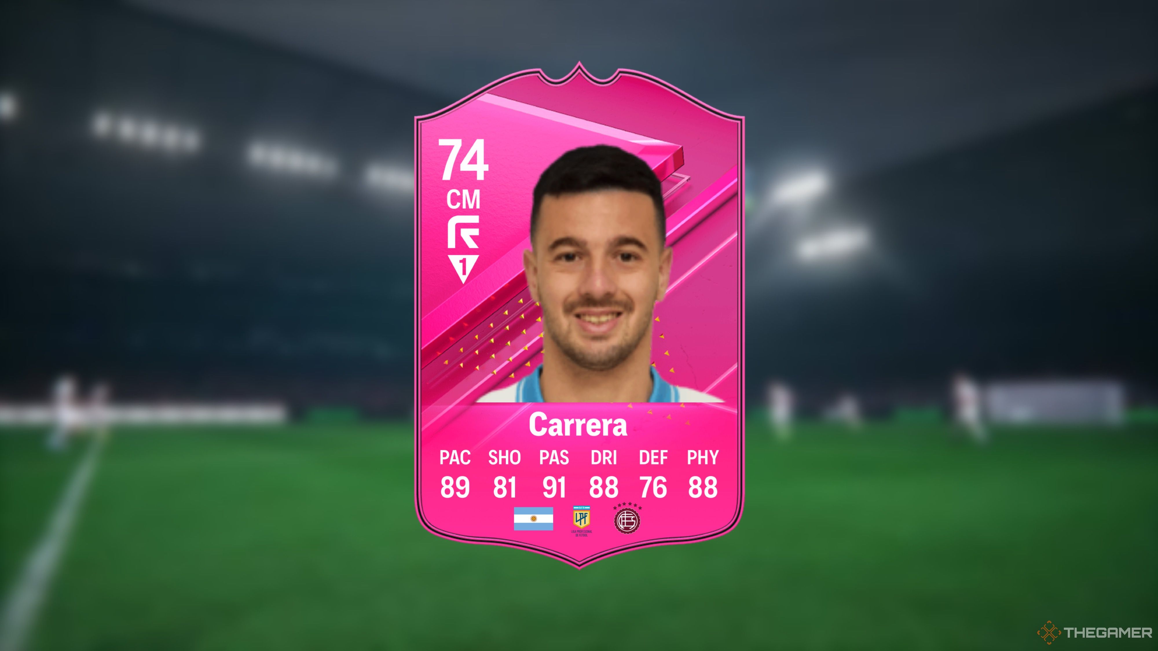 Image showing Carrera card against a faded pitch background.