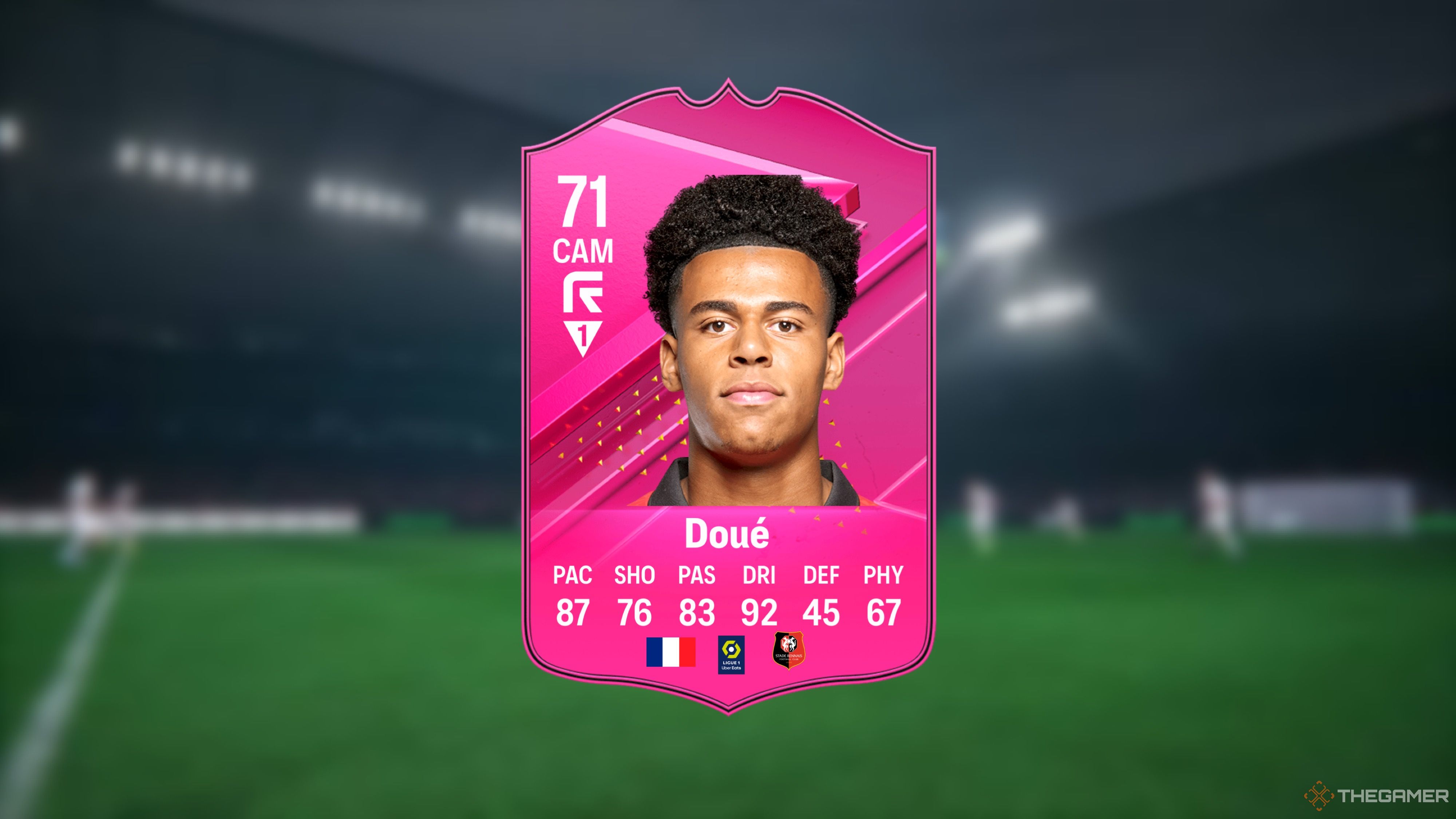 Image showing Doue card against a faded pitch background.