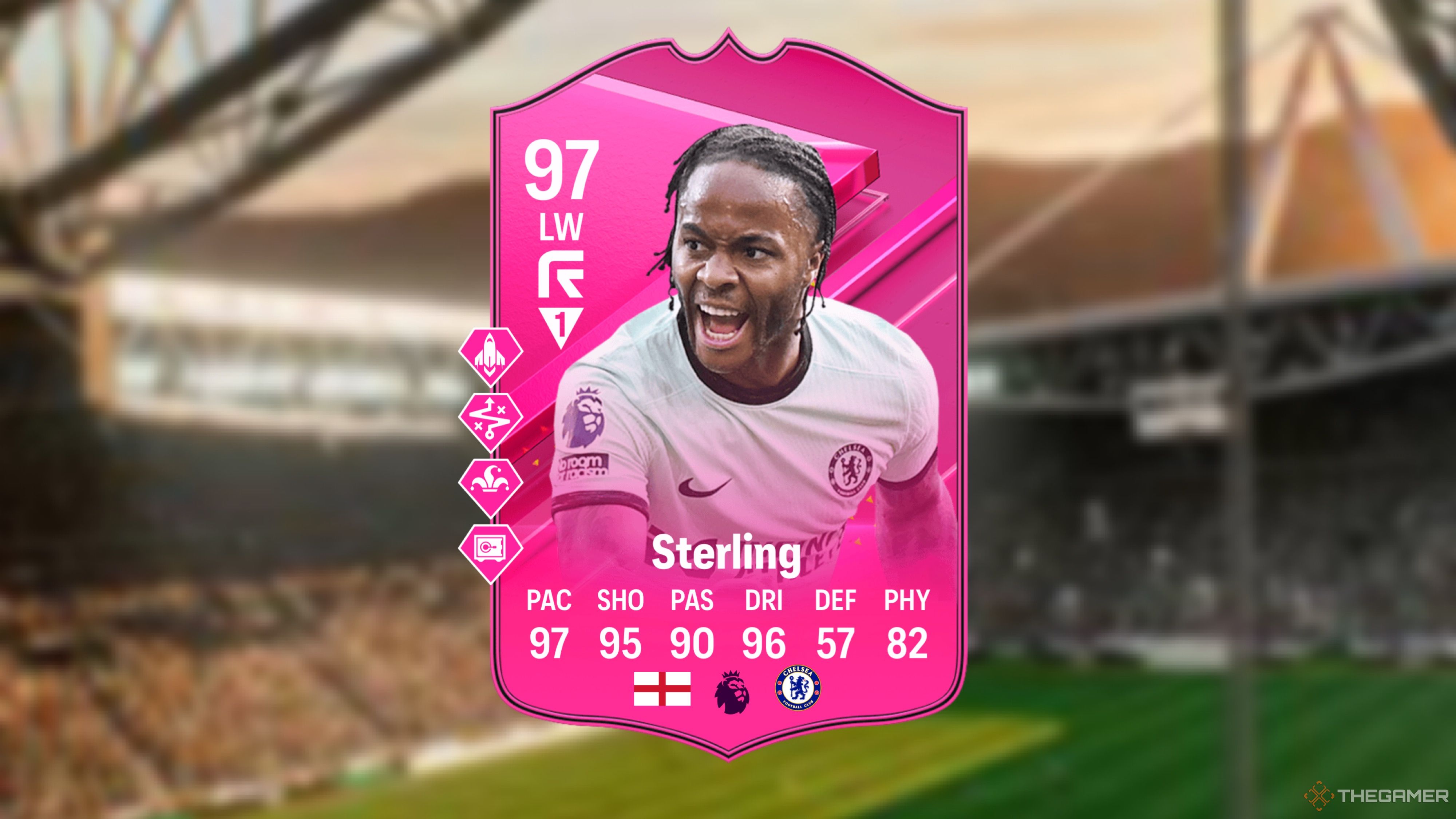 Image showing Sterling card against a faded stadium background.