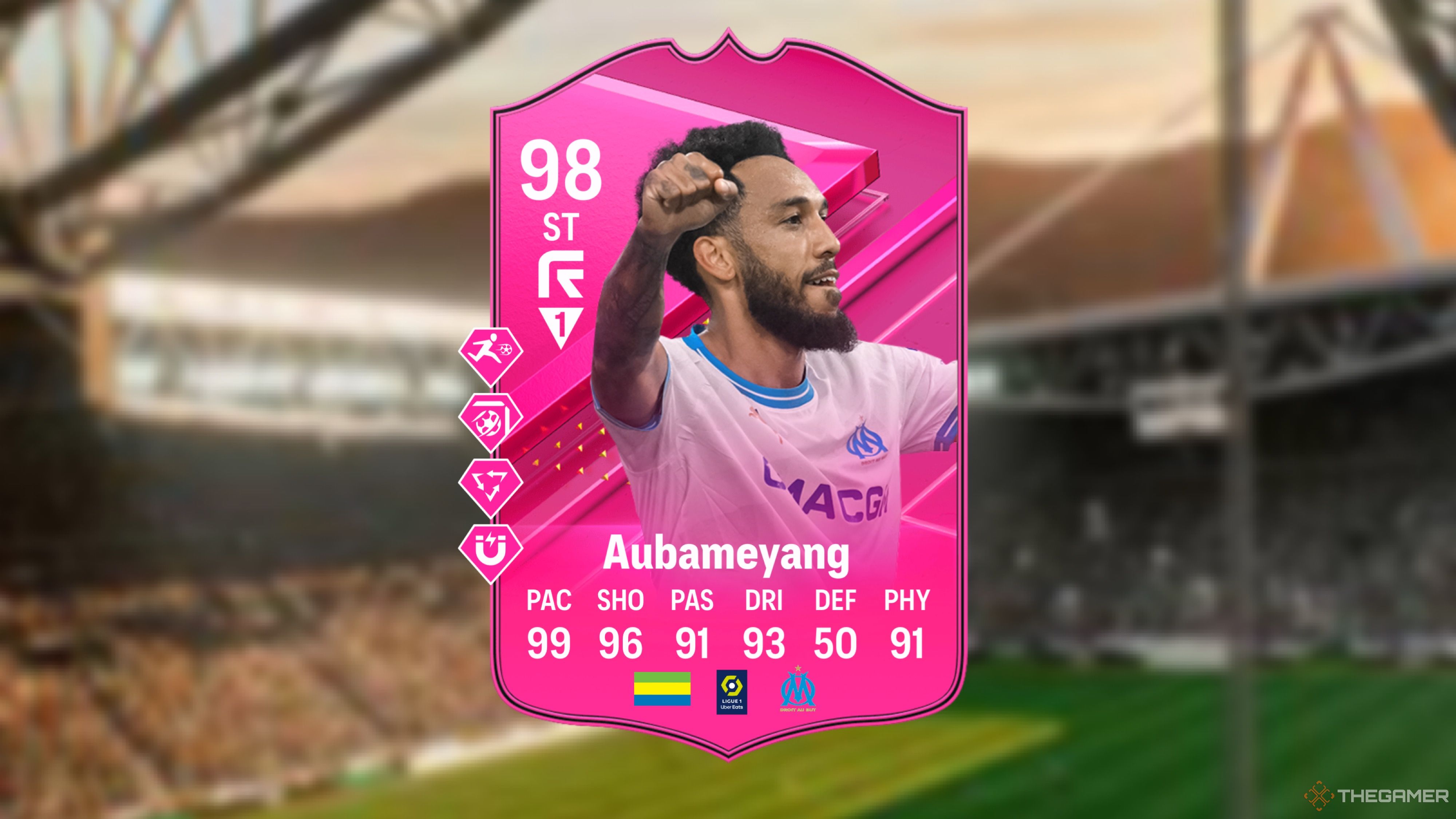 Image showing Aubameyang card against a faded stadium background.