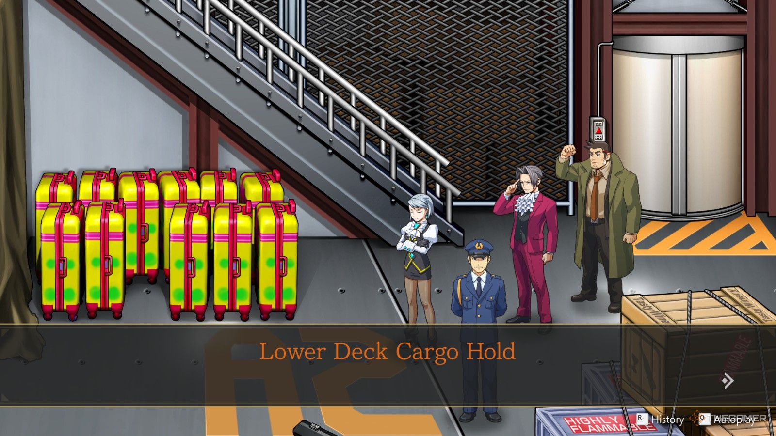 Investigating the Lower Deck Cargo Hold in Ace Attorney Investigations Miles Edgeworth.