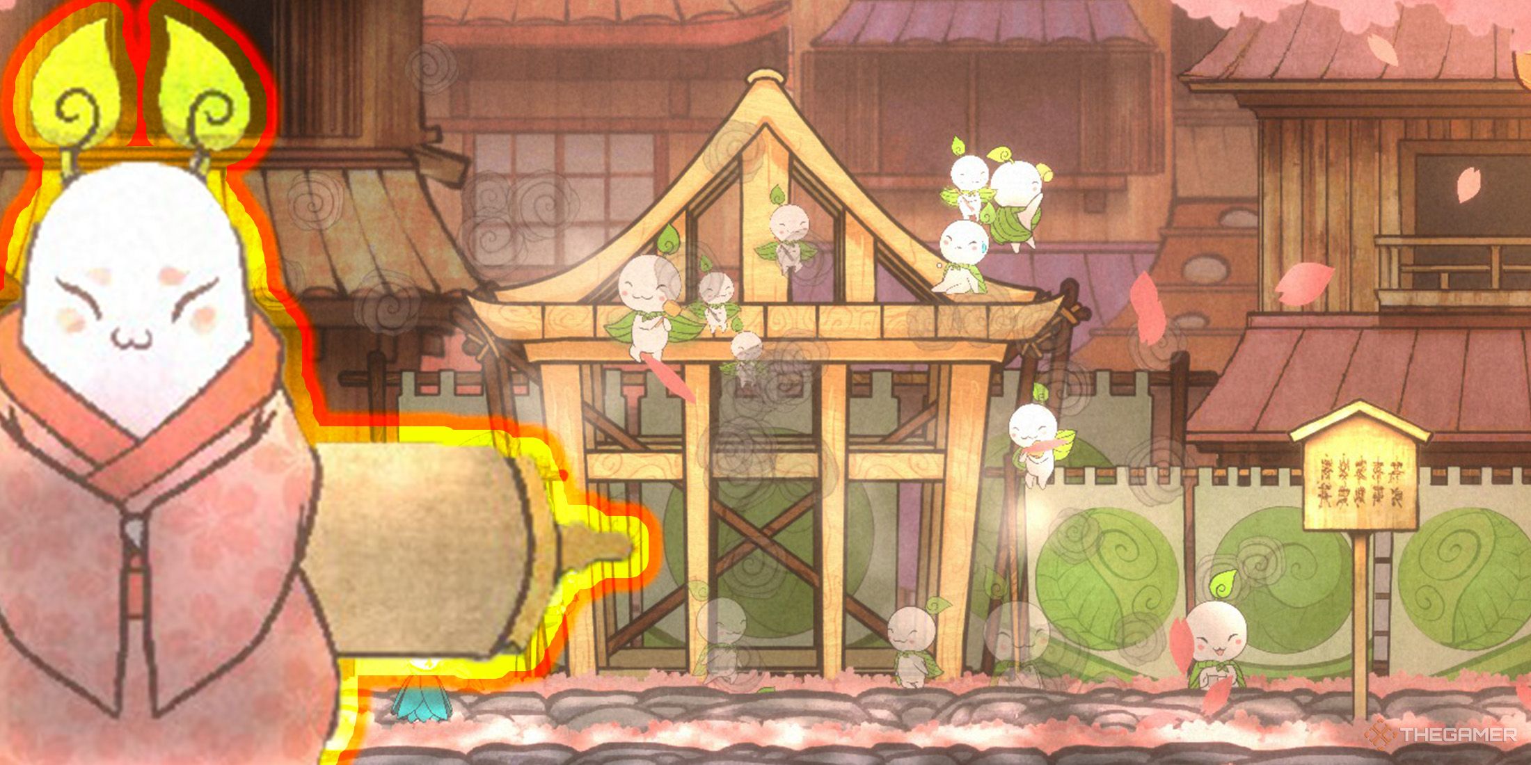Kodamas are building a structure in Sakura City, with The Architect's image on the left in Bo - Path Of The Teal Lotus.