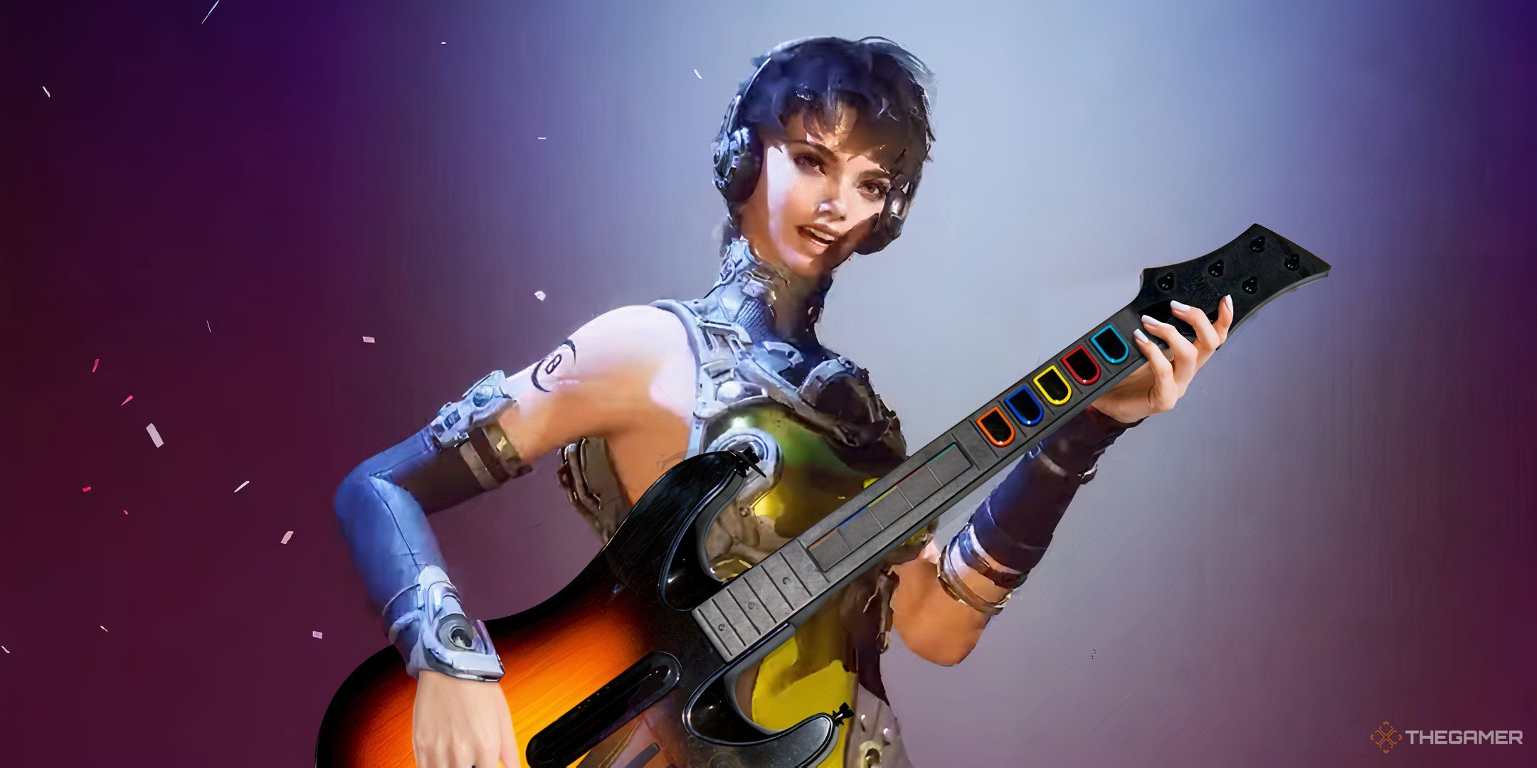 Luna from the first descendant holding a guitar hero guitar