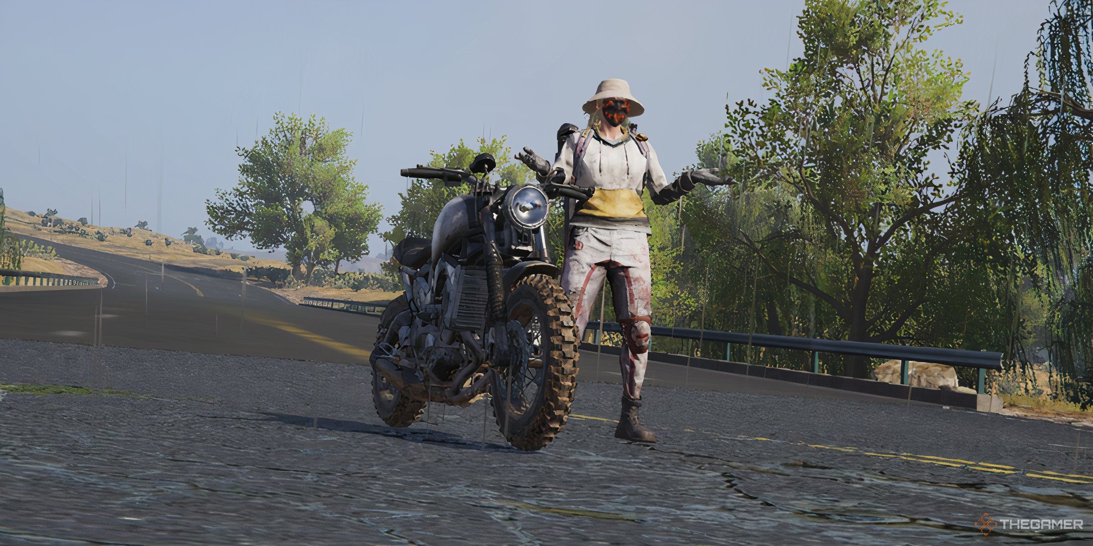 A photo of a Once Human player standing next to a motorcycle and posing.