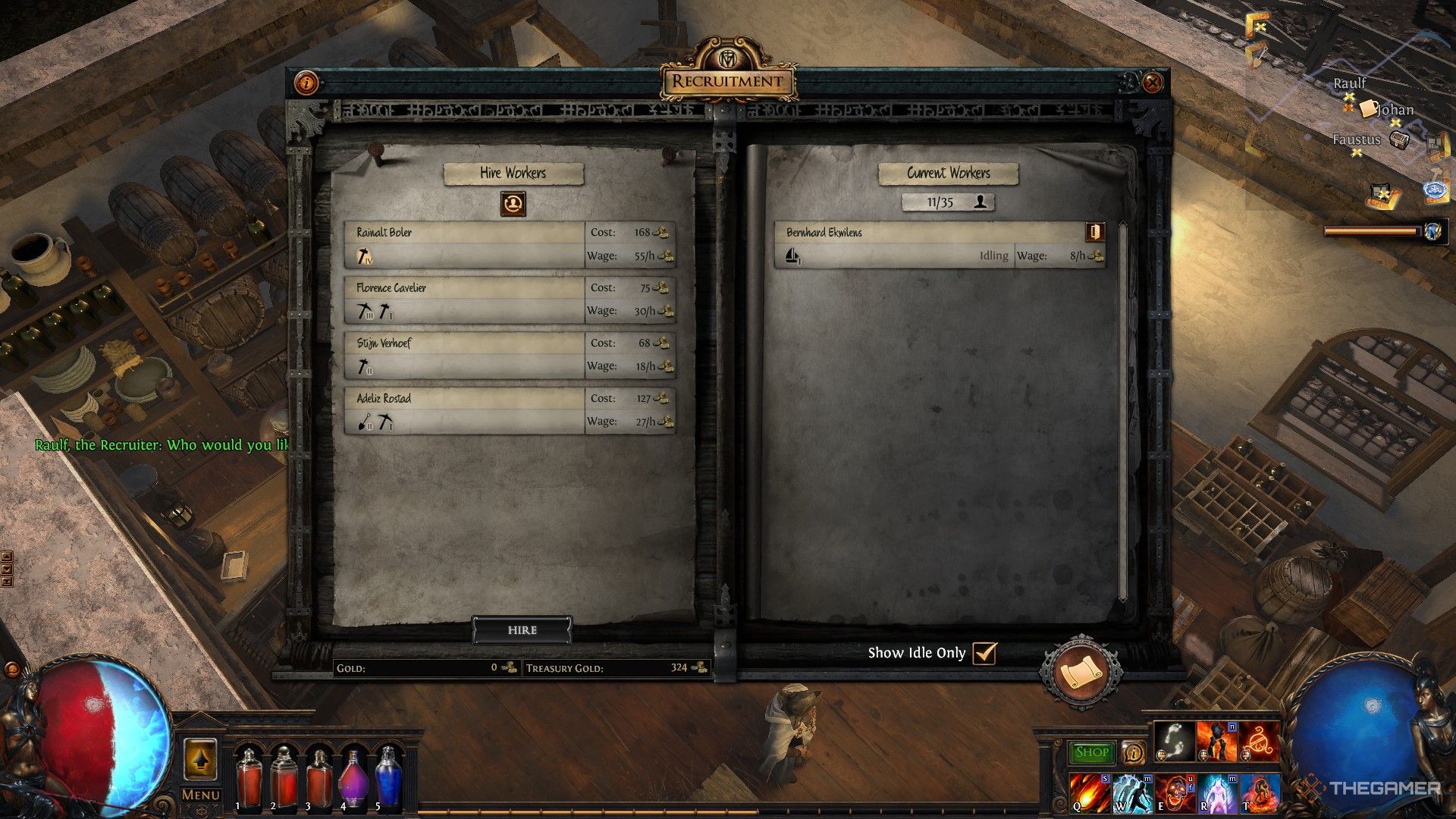 Player looking at the potential worker candidates in Path of Exile. 