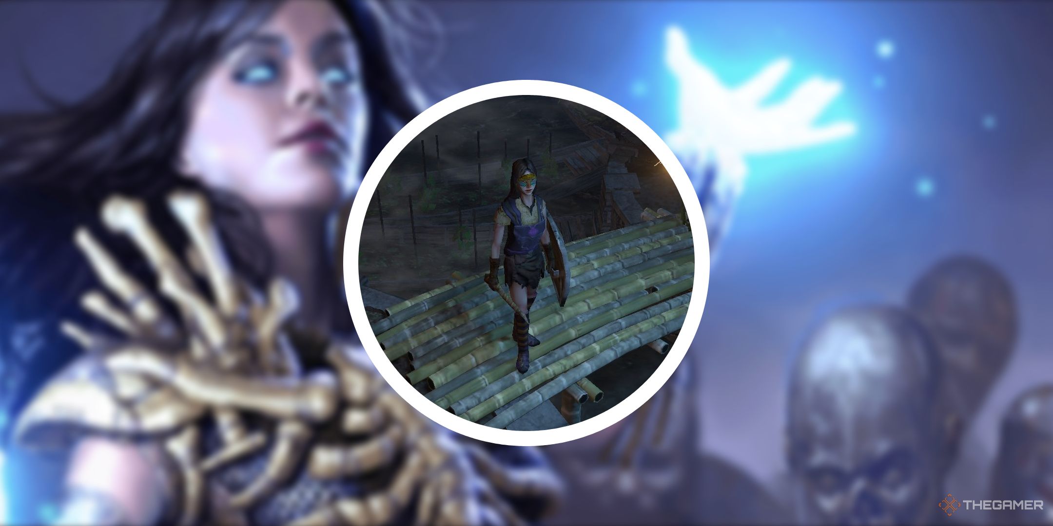 Blurry image of necromancer class from Path of Exile with circle PNG of an unleveled witch.