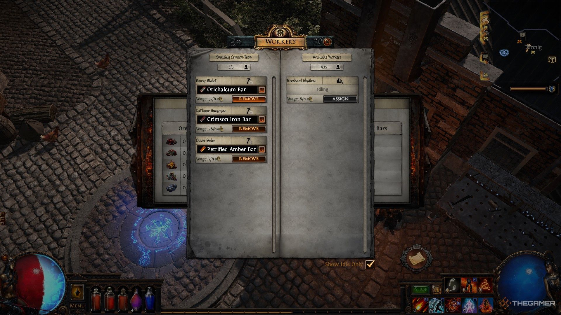 Player looking at workers for the smelting area of Kingsmarch. 