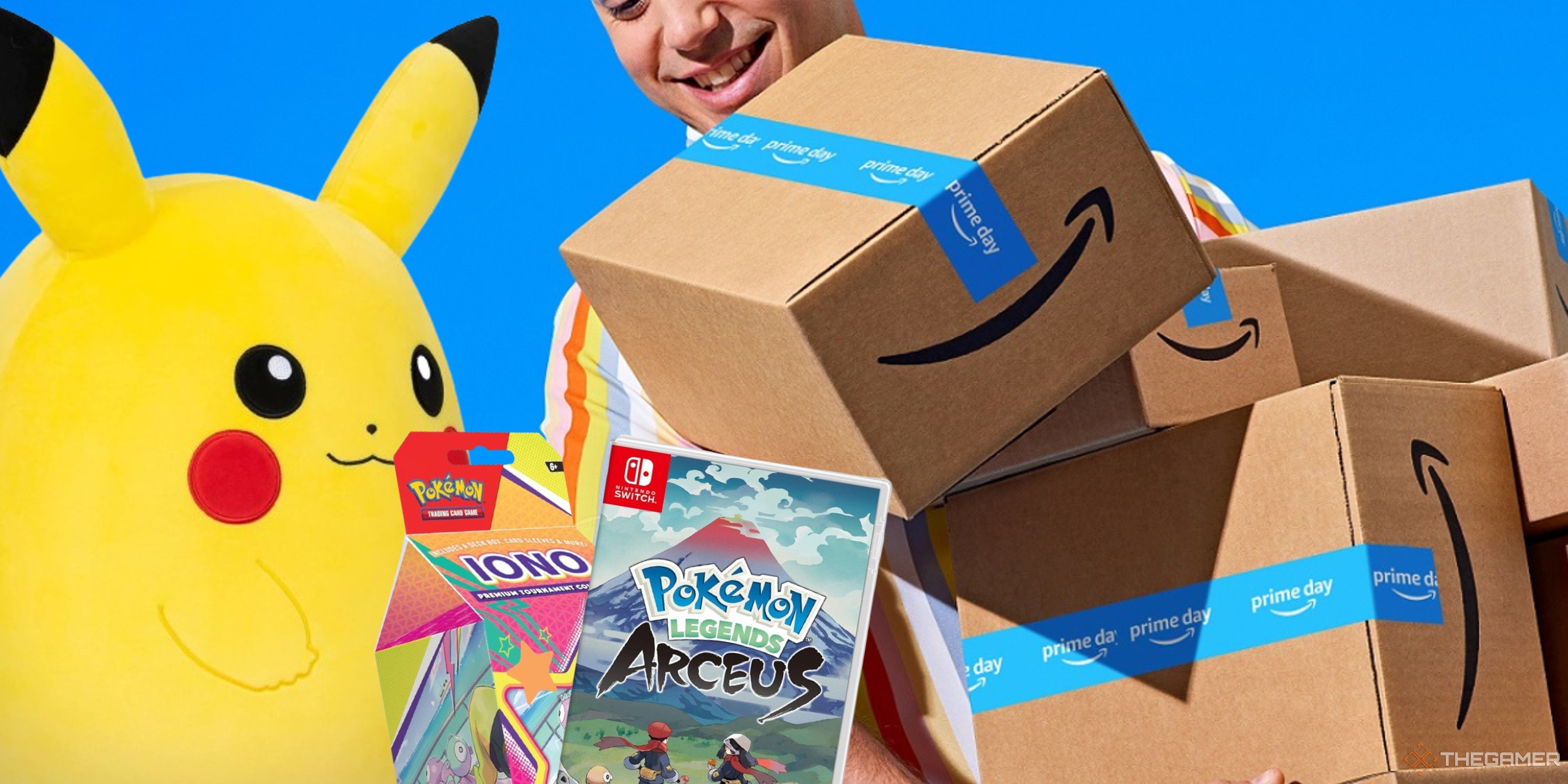 pikachu squishmallow, iono tcg set, and legends arceus next to someone carrying amazon packages