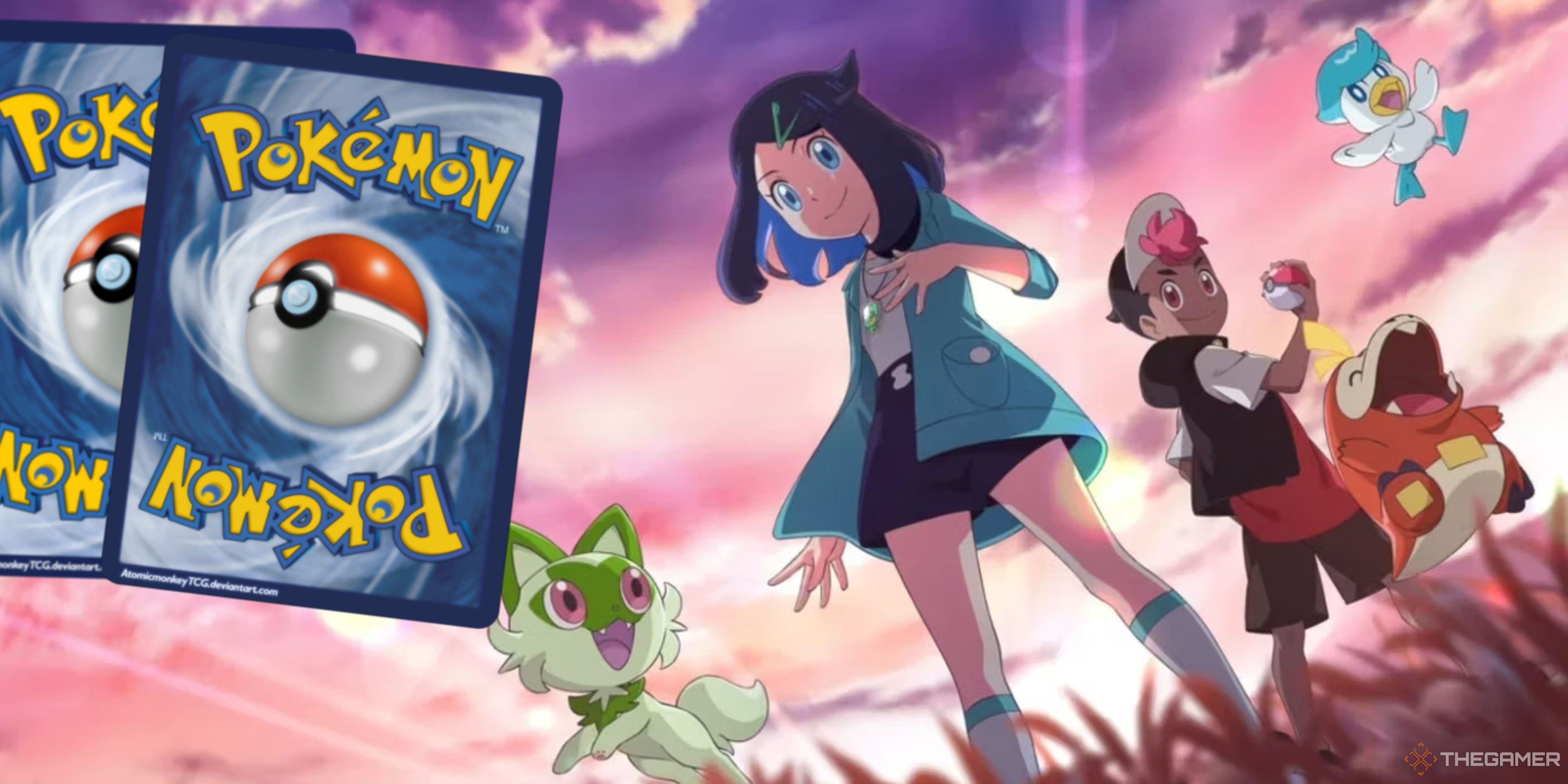 pokemon card backs next to liko roy sprigatito and fuecoco in horizons