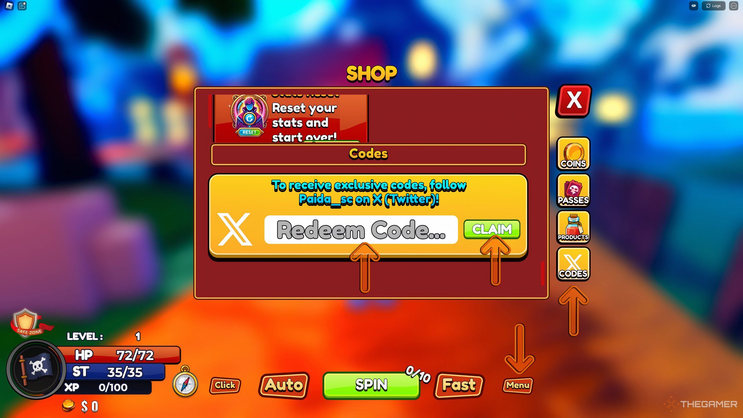 the codes section in PIECE RNG on Roblox