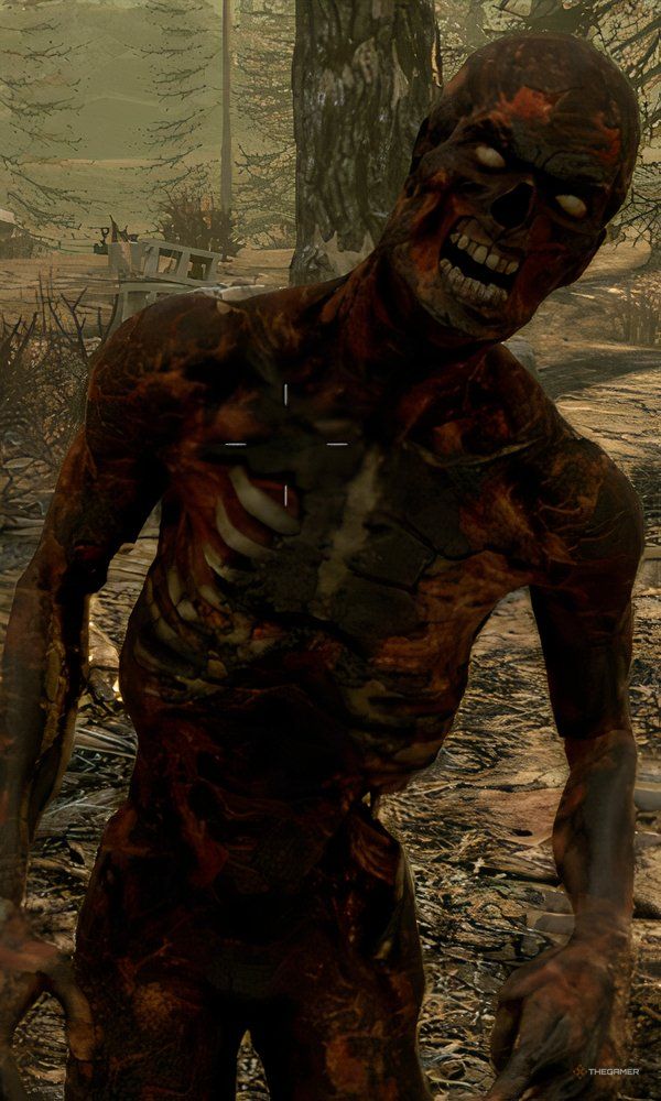 Close up view of a Burnt Zombie in 7 Days To Die.