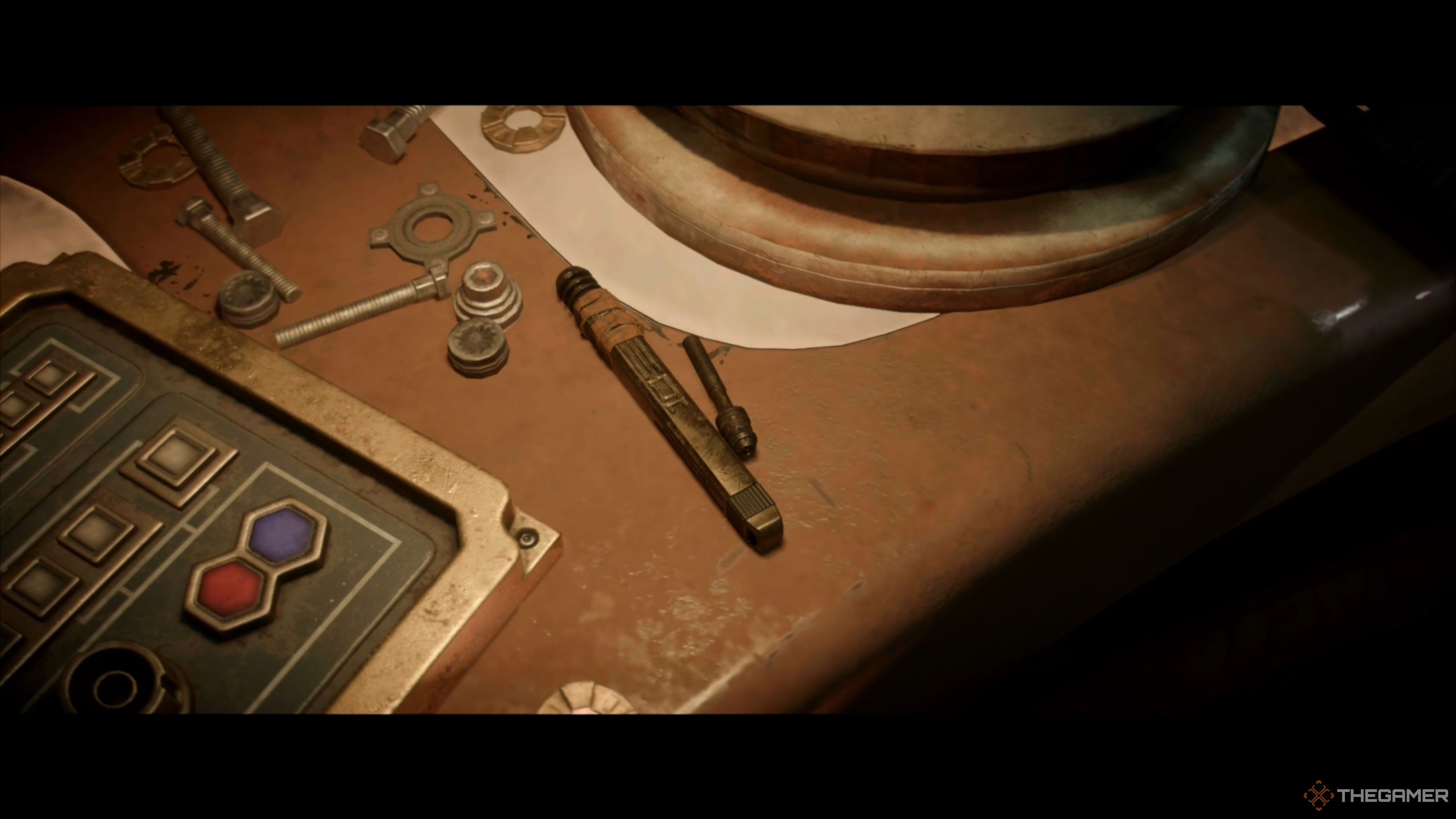 Kay's broken Data Spike sitting on a table in Star Wars Outlaws.