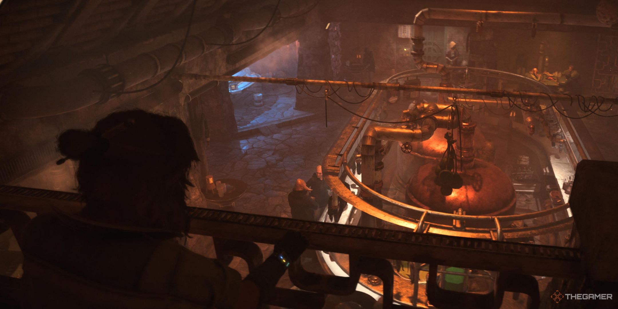Kay Vess leans on a railing overlooking the bar of Domak Refectory in Star Wars Outlaws.