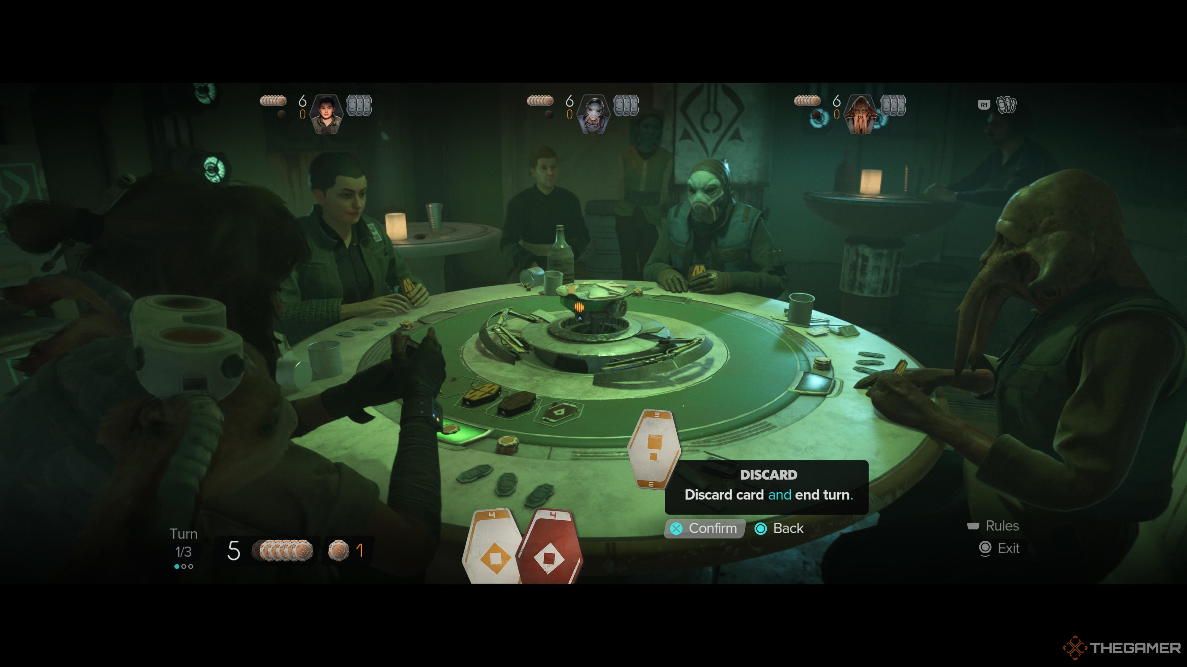 Kay chooses a card to discard during a game of Sabacc in Star Wars Outlaws.