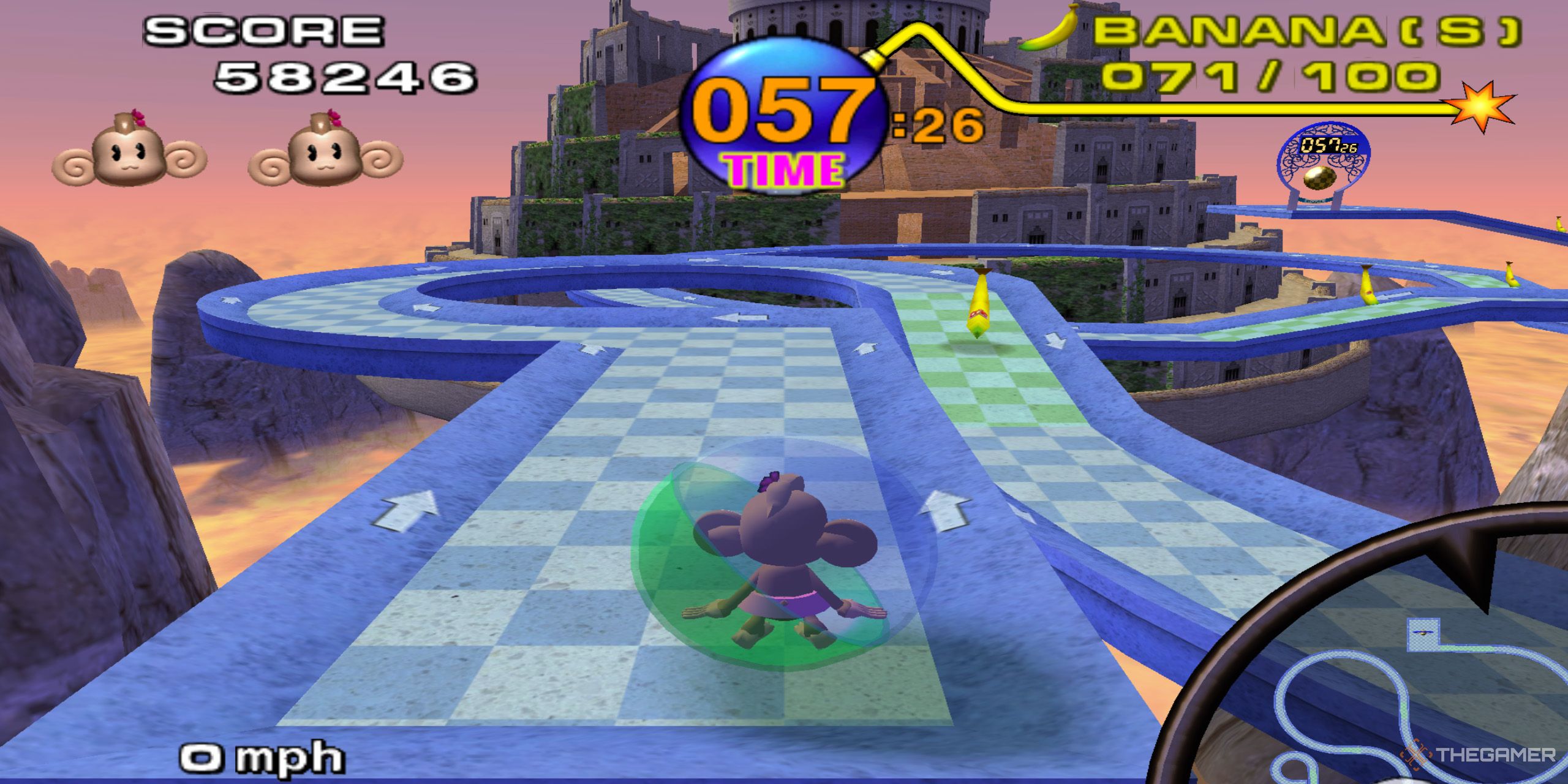 MeeMee rolling through a blue and cyan checkered maze in Super Monkey Ball.