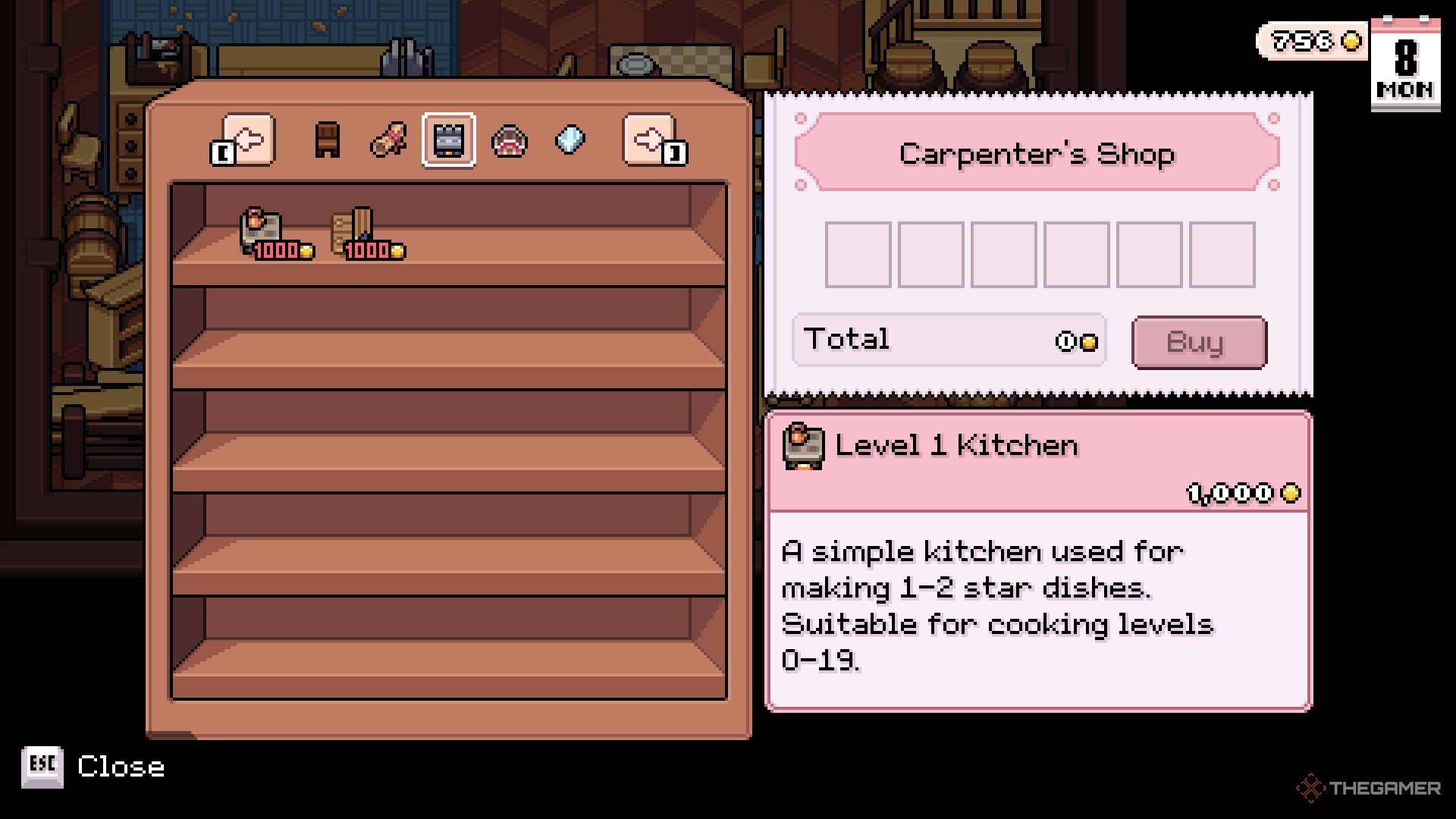 The Items available at the Carpenter's Shop are shown.
