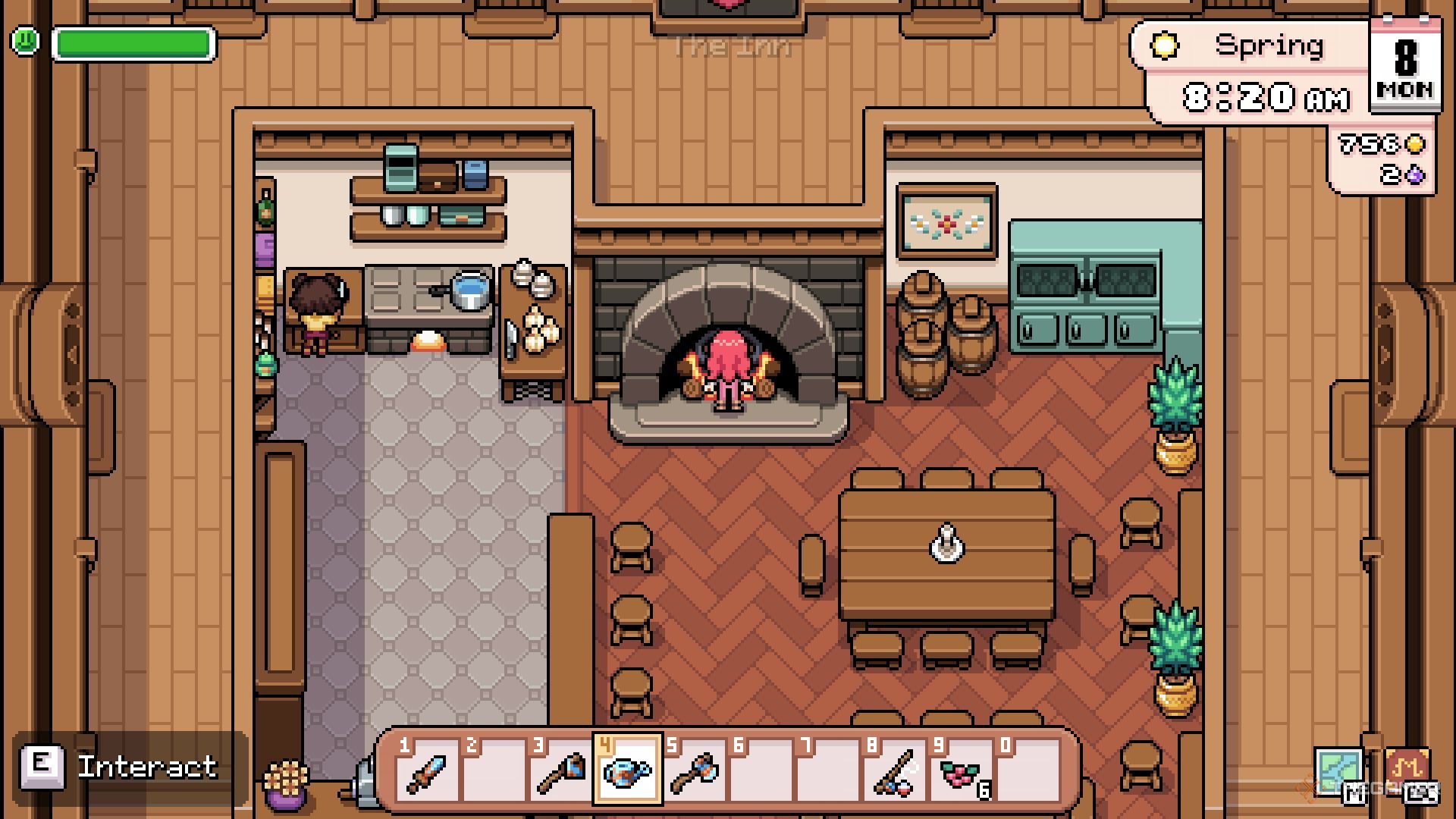 The player is standing near to the soup couldron in the Inn.