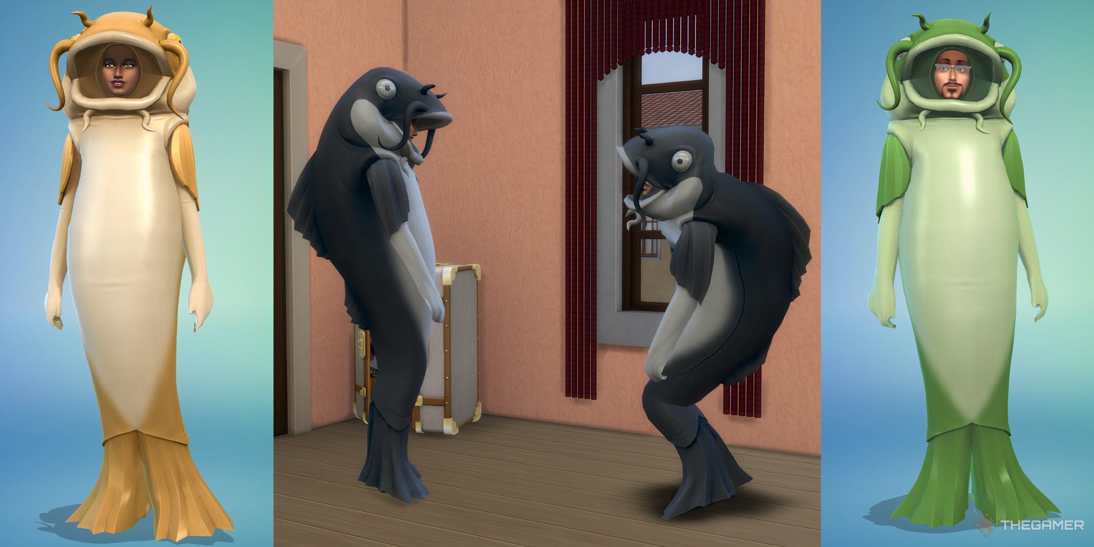 Two Sims wearing catfish costumes and laughing together.