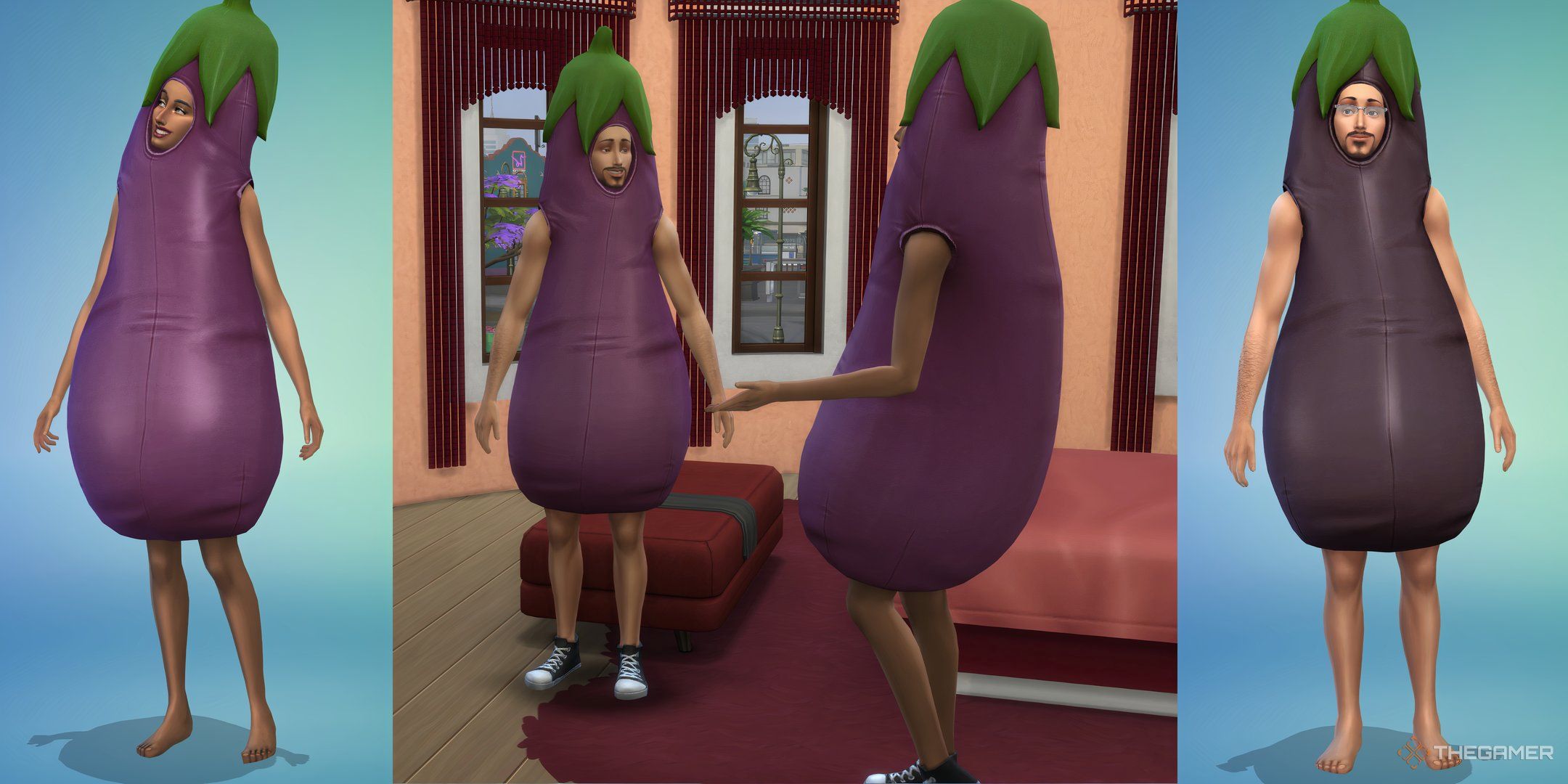 Two Sims in eggplant costumes larger than they are.