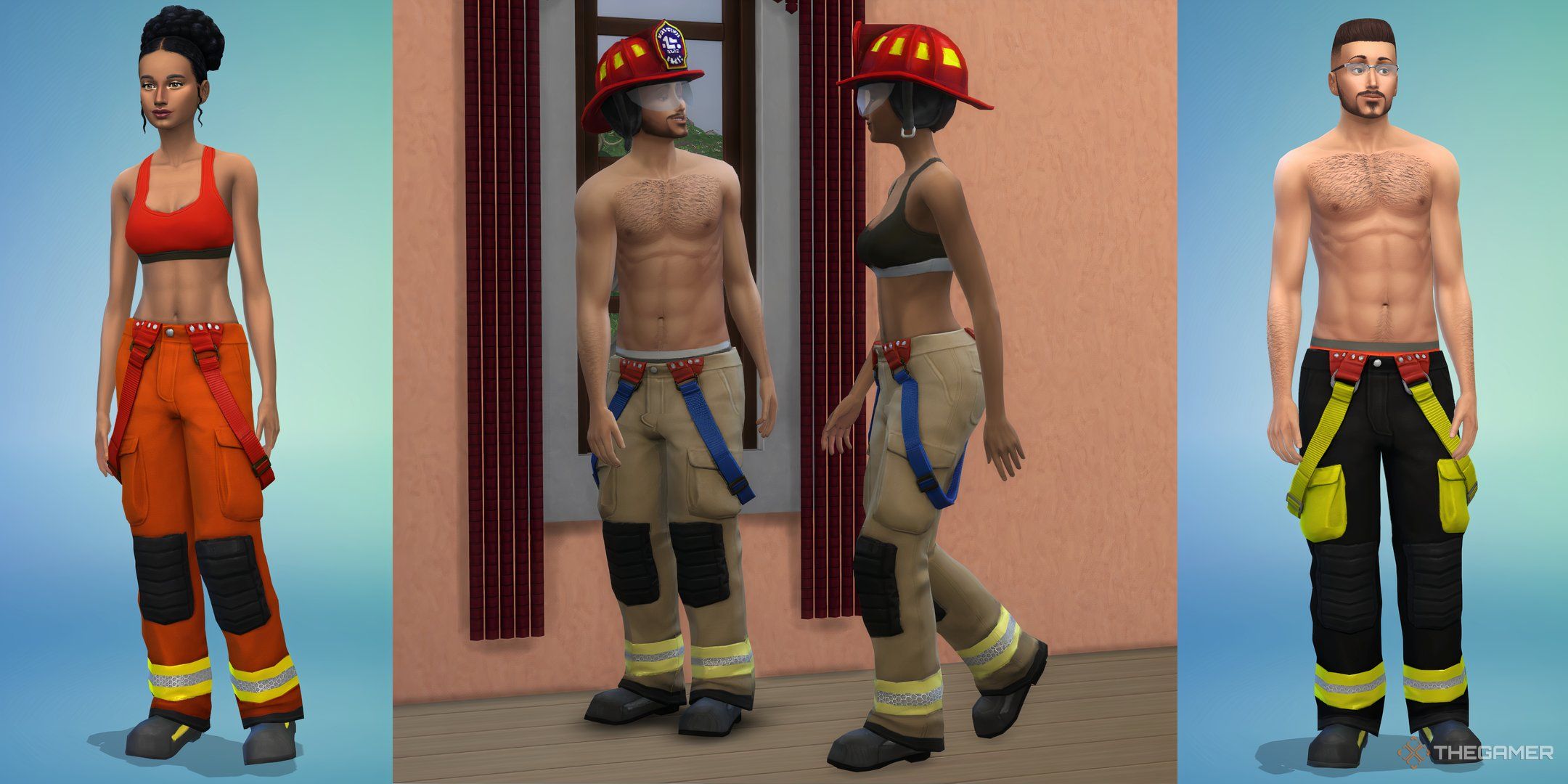 Two Sims wearing sexy firefighter outfits with and without helmets.