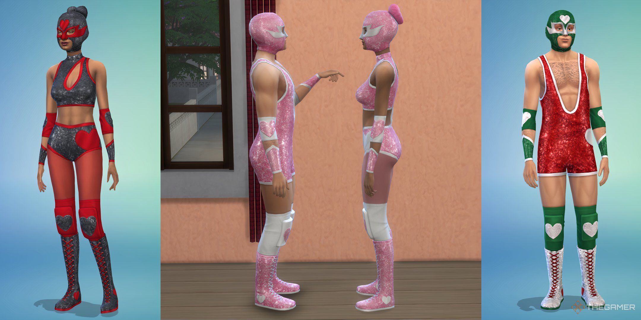 Two Sims wearing the gender specific variants of the luchador costume.
