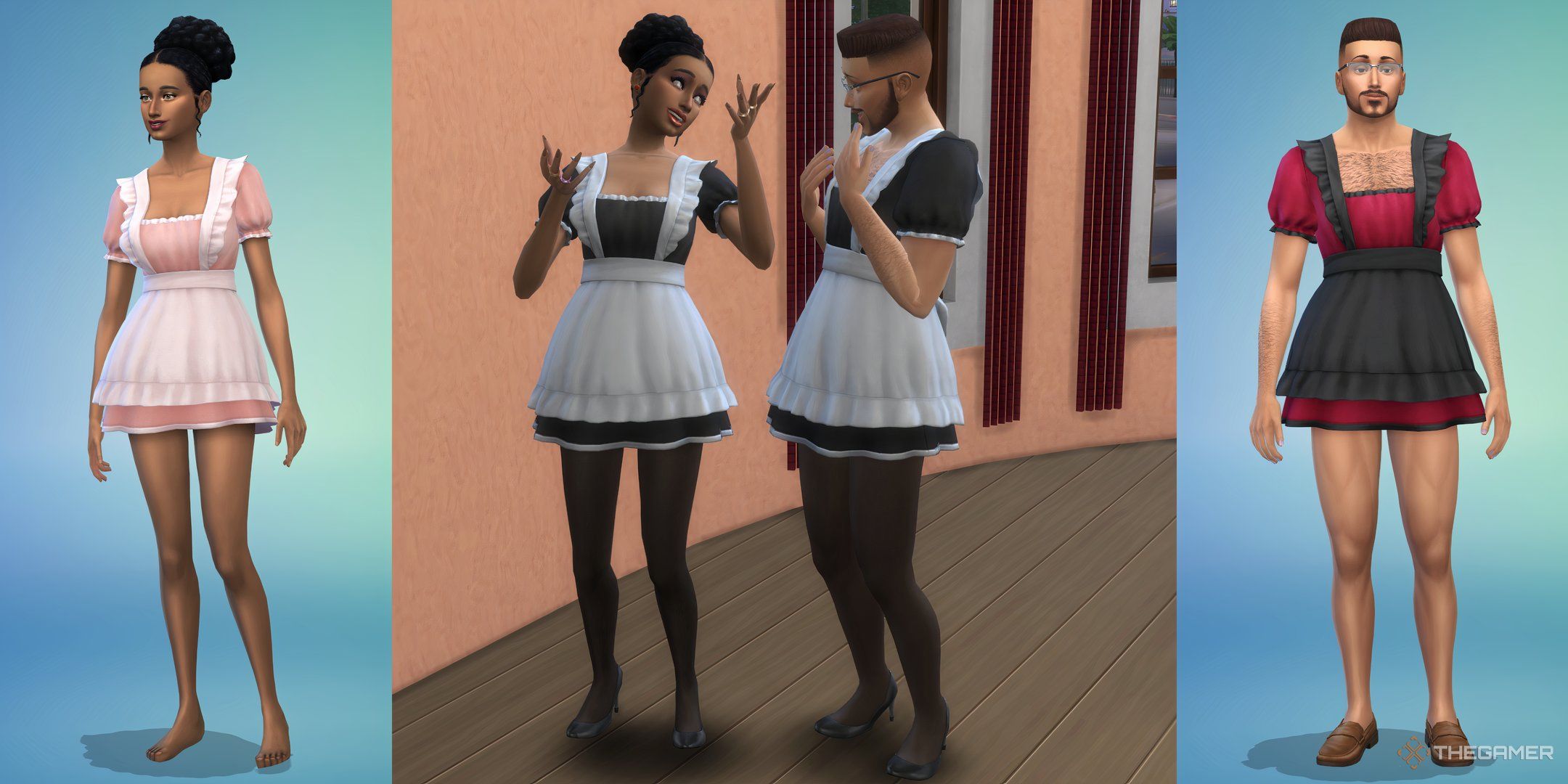 Two Sims wearing the feminine framed maid outfit.