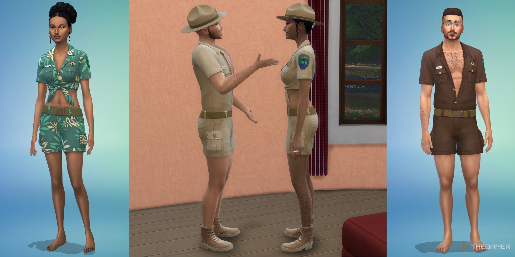 A male and female Sim both wearing the Lovestruck park ranger costumes.