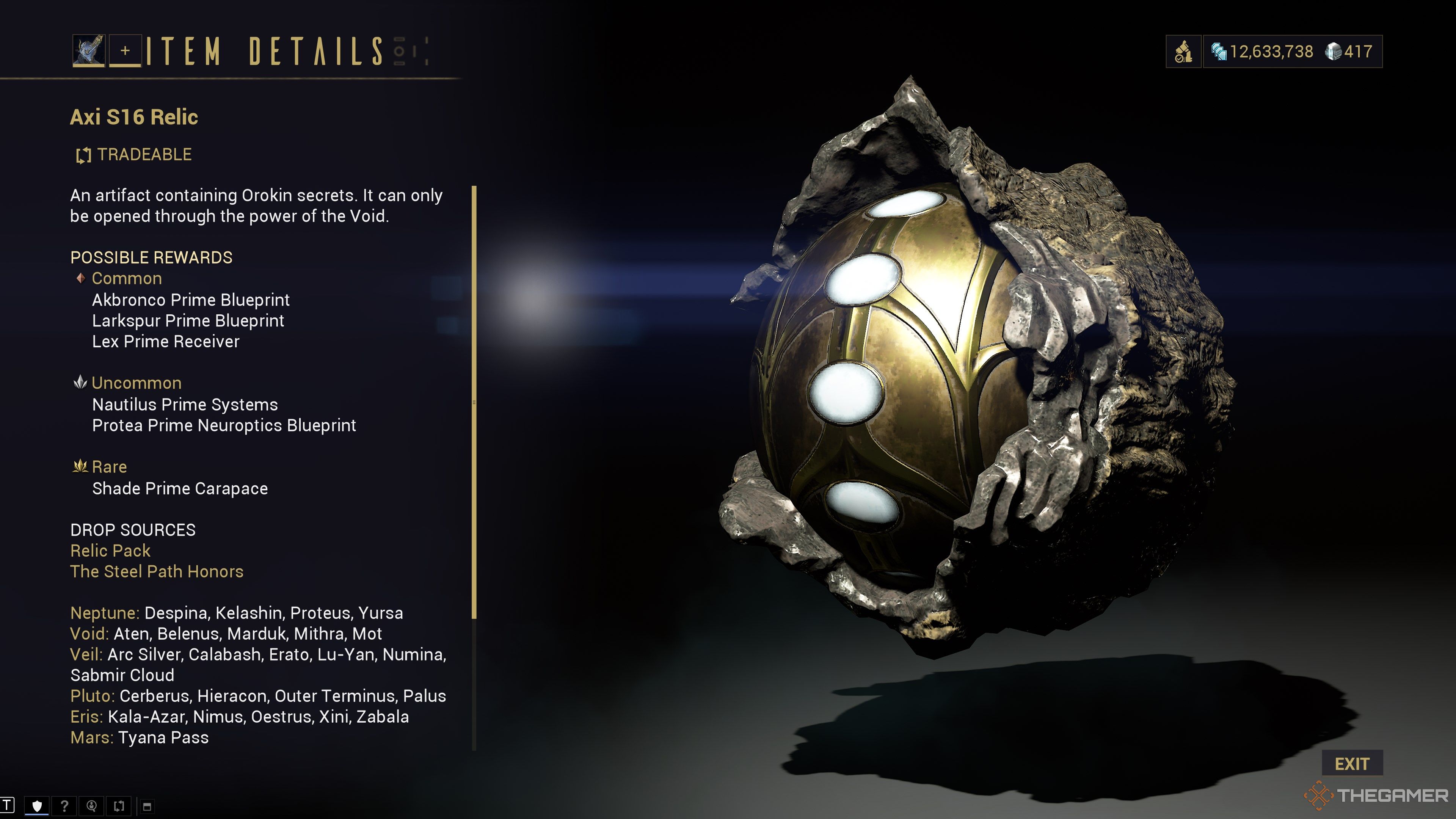 Warframe Axi S16 Relic With Nautilus Component