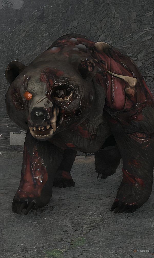 Close up view of a Zombie Bear in 7 Days To Die.