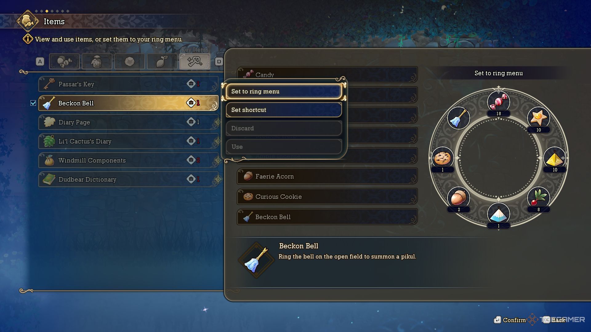 Setting the beckon bell in the ring menu.