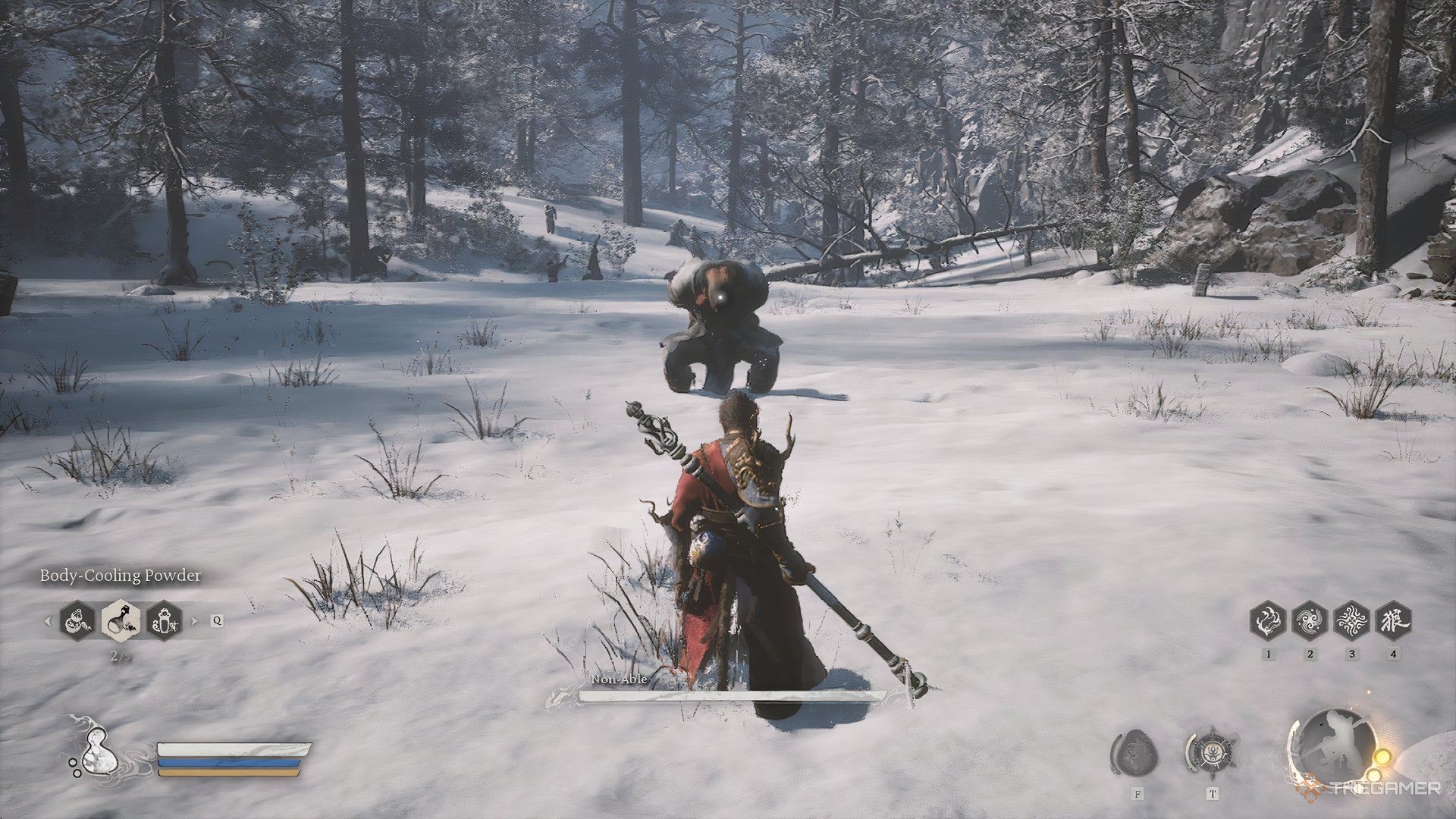 Non-Able is fighting against the Destined One in the middle of a snow field in Black Myth: Wukong.