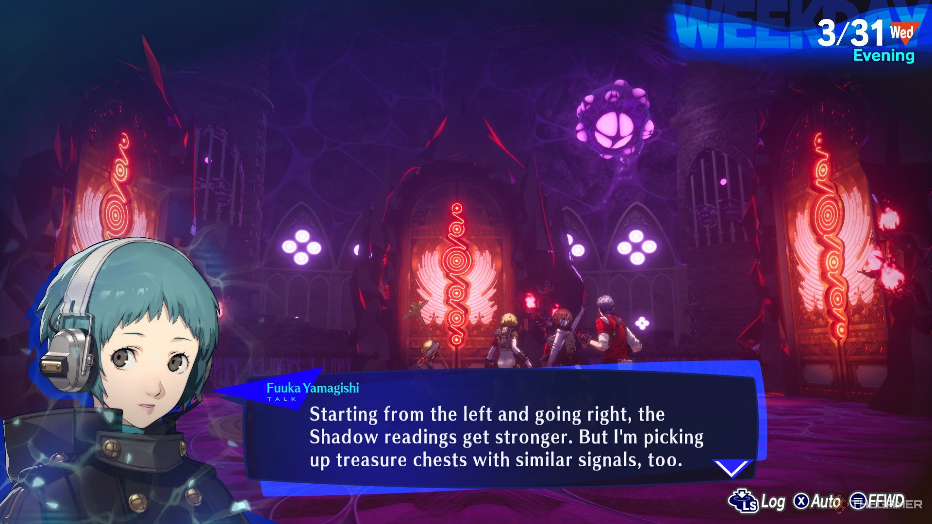 The party is standing in front of three monad doors. 