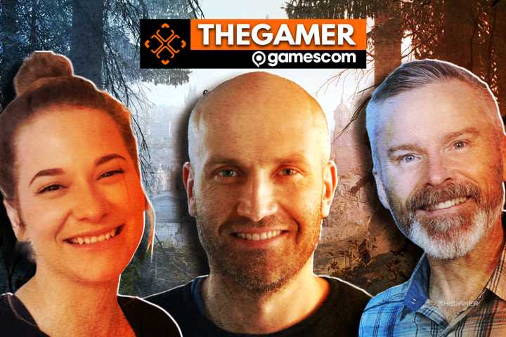 Background of a forest with the art director, game director, and voice actor at the front.